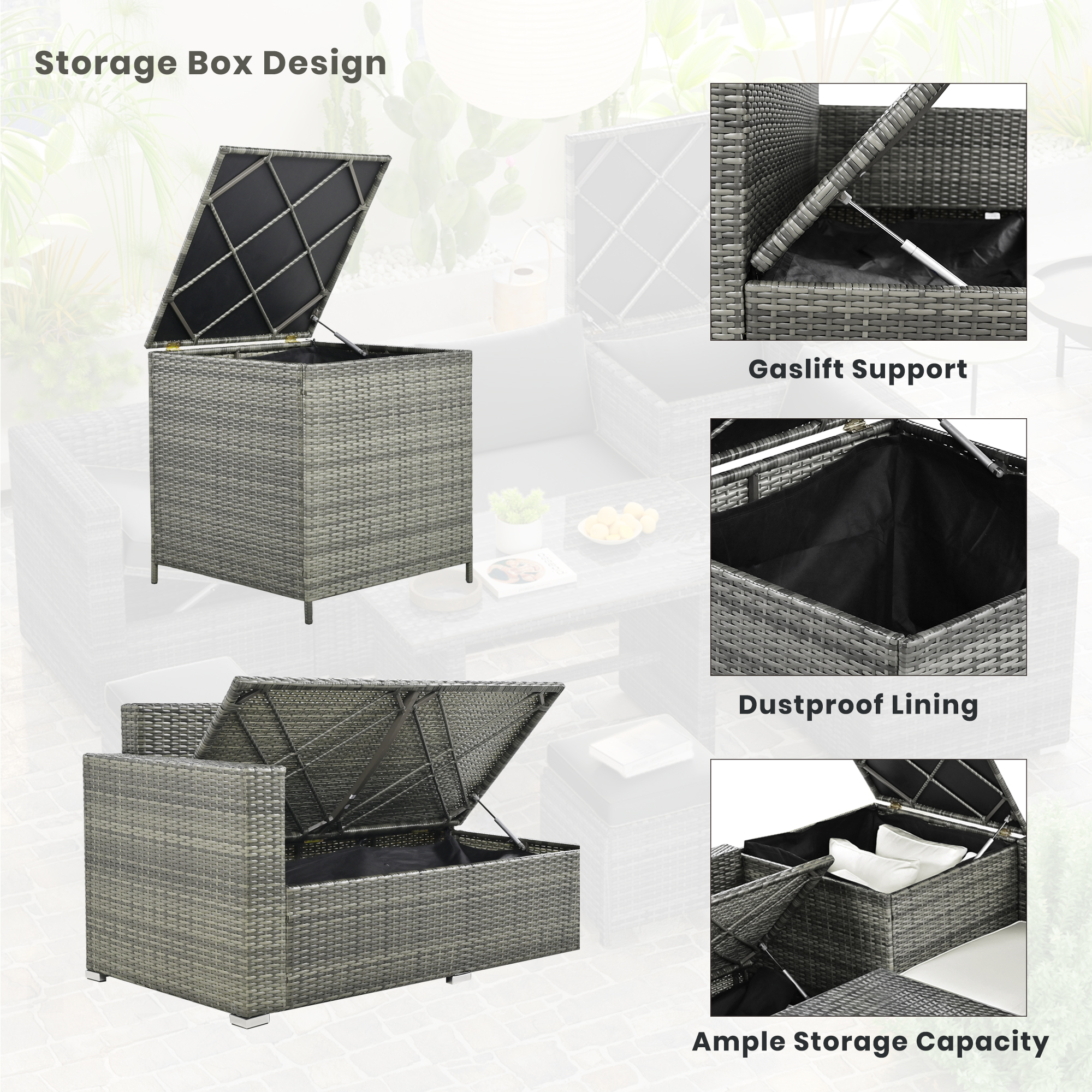 TOPMAX Outdoor 6-Piece All Weather PE Rattan Sofa Set, Garden Patio Wicker Sectional Furniture Set with Adjustable Seat, Storage Box, Removable Covers and Tempered Glass Top Table, Beige - Image 6