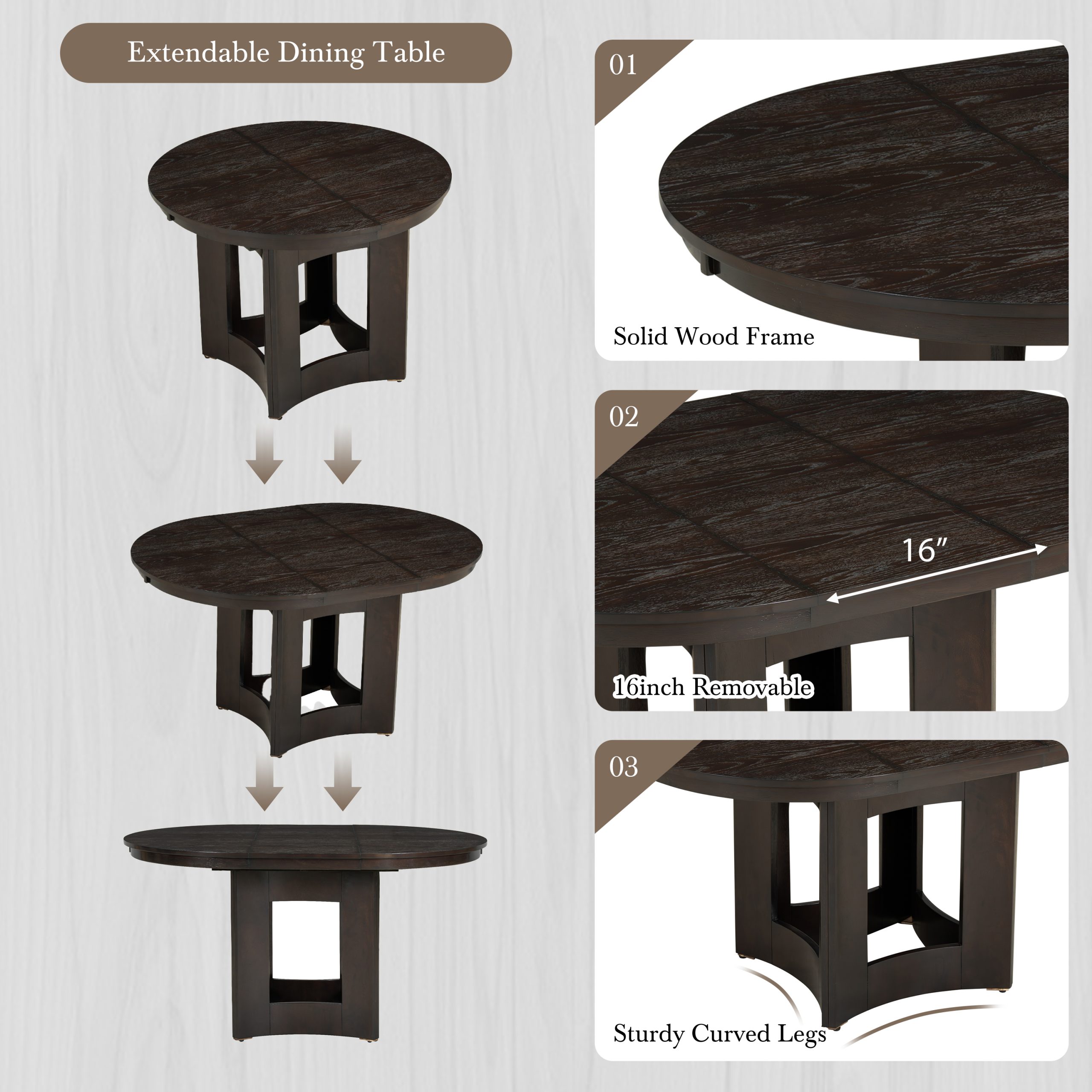 TOPMAX Farmhouse Extendable Round Dining Table with 16inch Removable Leaf for Small Places, Espresso - Image 4