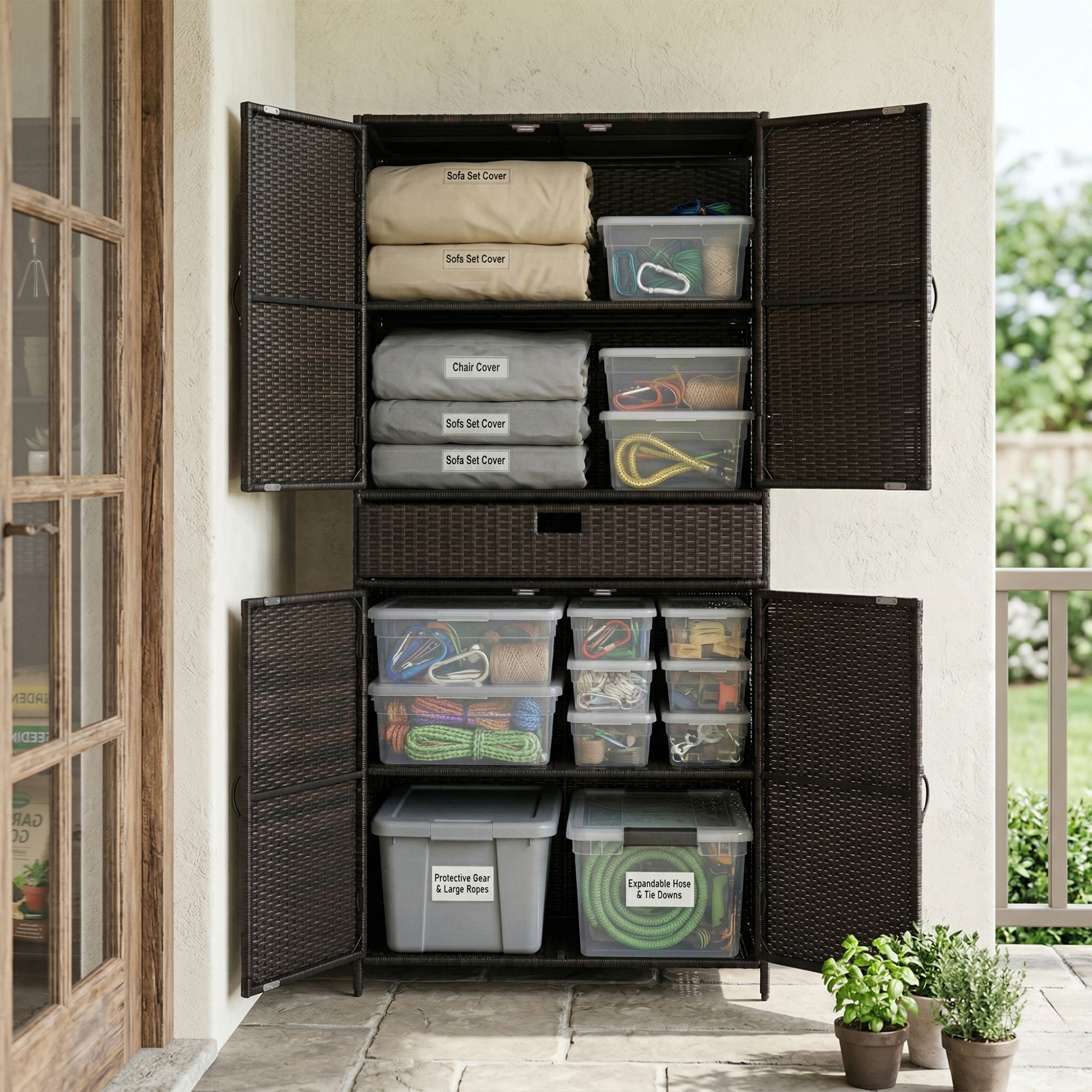 K&K 76.4" Tall Wicker Outdoor Storage Cabinet with One Large Drawer, 4-Door Outdoor Rattan Vertical Storage Shed with Adjustable Shelves, Pool Storage Organizer for Garden, Backyard, Brown & Black - Image 2