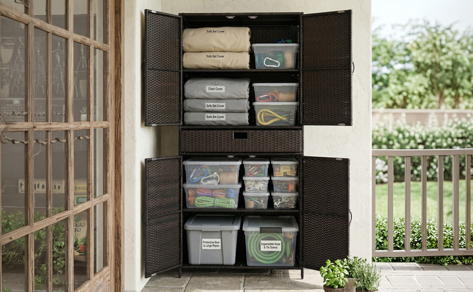 K&K 76.4" Tall Wicker Outdoor Storage Cabinet with One Large Drawer, 4-Door Outdoor Rattan Vertical Storage Shed with Adjustable Shelves, Pool Storage Organizer for Garden, Backyard, Brown & Black - Image 3