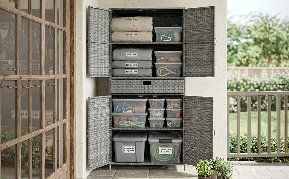 K&K 76.4" Tall Wicker Outdoor Storage Cabinet with One Large Drawer, 4-Door Outdoor Rattan Vertical Storage Shed with Adjustable Shelves, Pool Storage Organizer for Garden, Backyard, Grey - Image 3