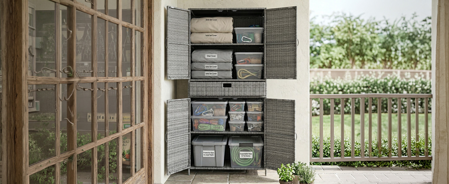 K&K 76.4" Tall Wicker Outdoor Storage Cabinet with One Large Drawer, 4-Door Outdoor Rattan Vertical Storage Shed with Adjustable Shelves, Pool Storage Organizer for Garden, Backyard, Grey - Image 2