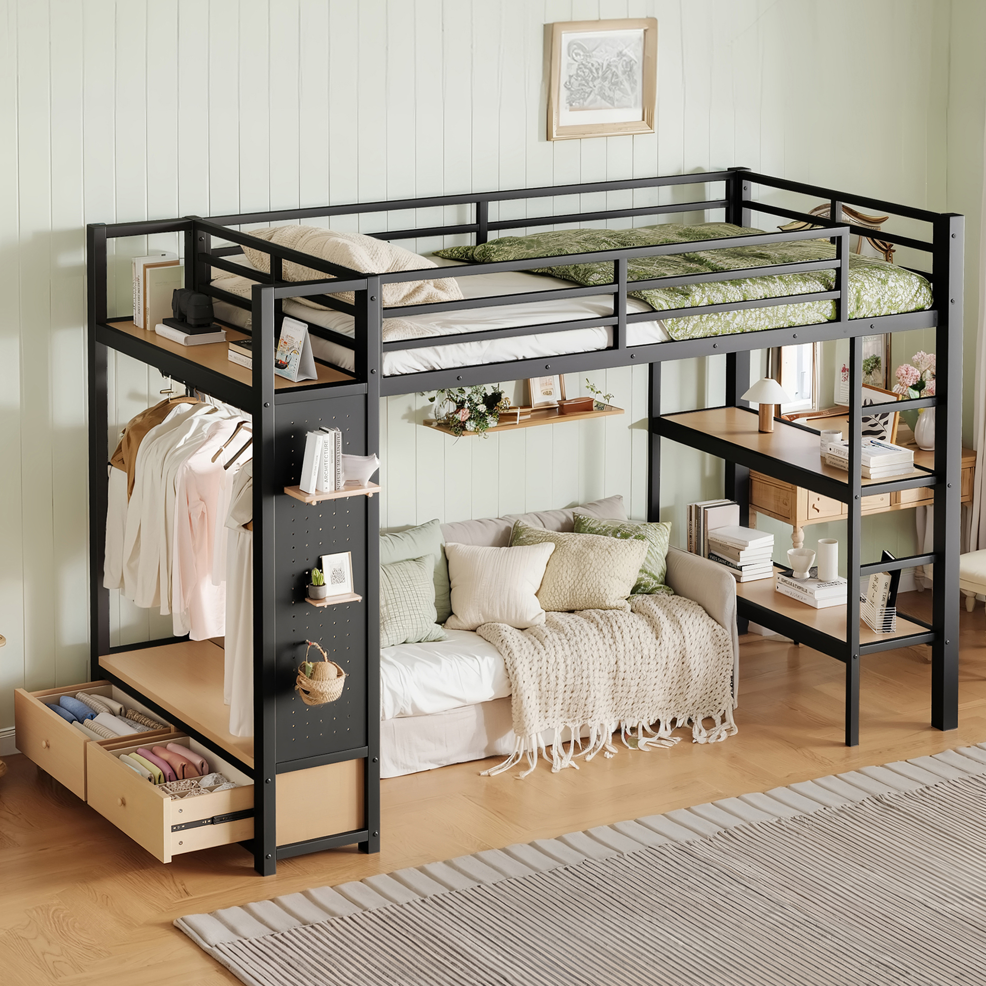 Twin XL size Loft Bed Frame with Wardrobe,Metal Loft Bed with Storage Shelves and Pegboard,Black - Image 2