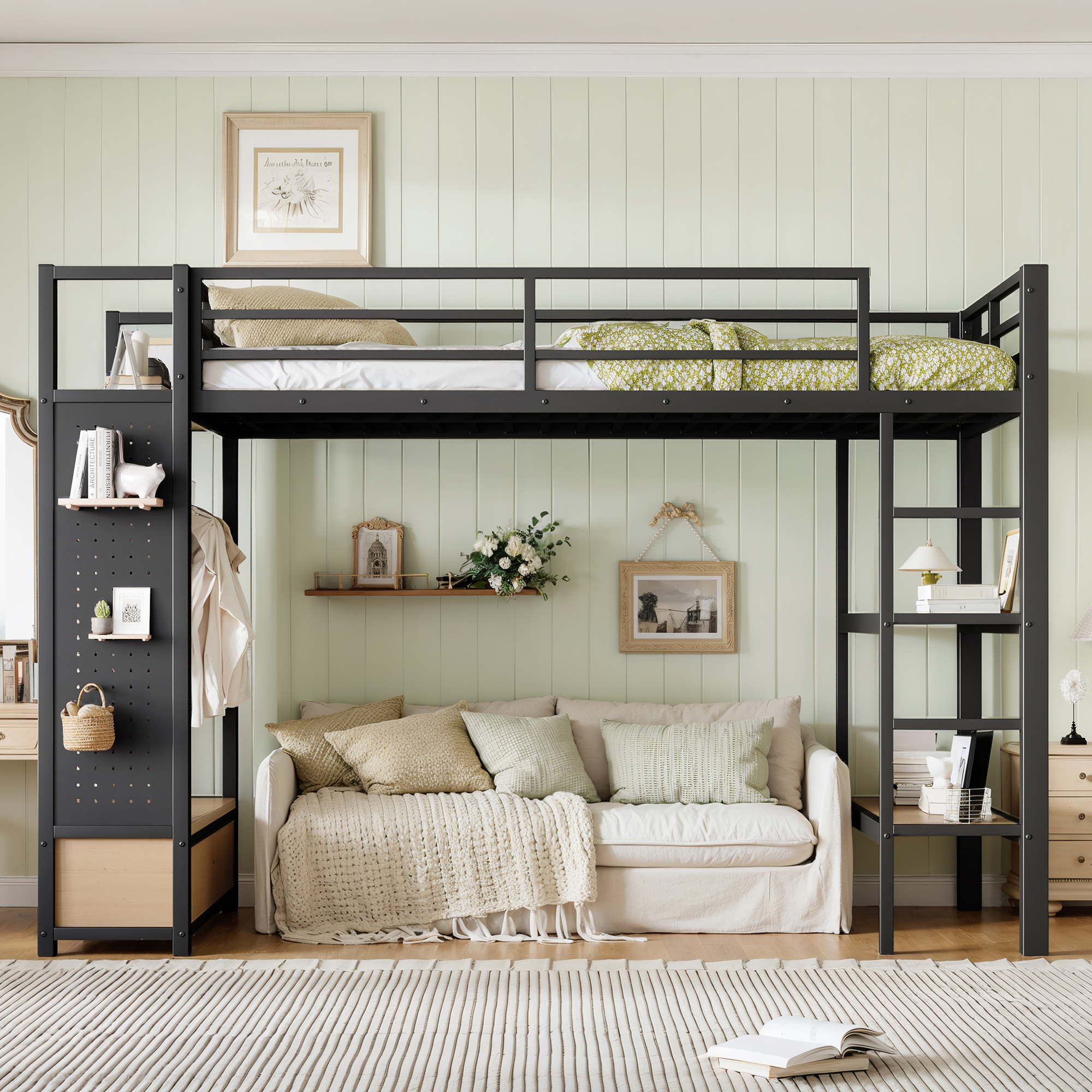 Twin XL size Loft Bed Frame with Wardrobe,Metal Loft Bed with Storage Shelves and Pegboard,Black - Image 3