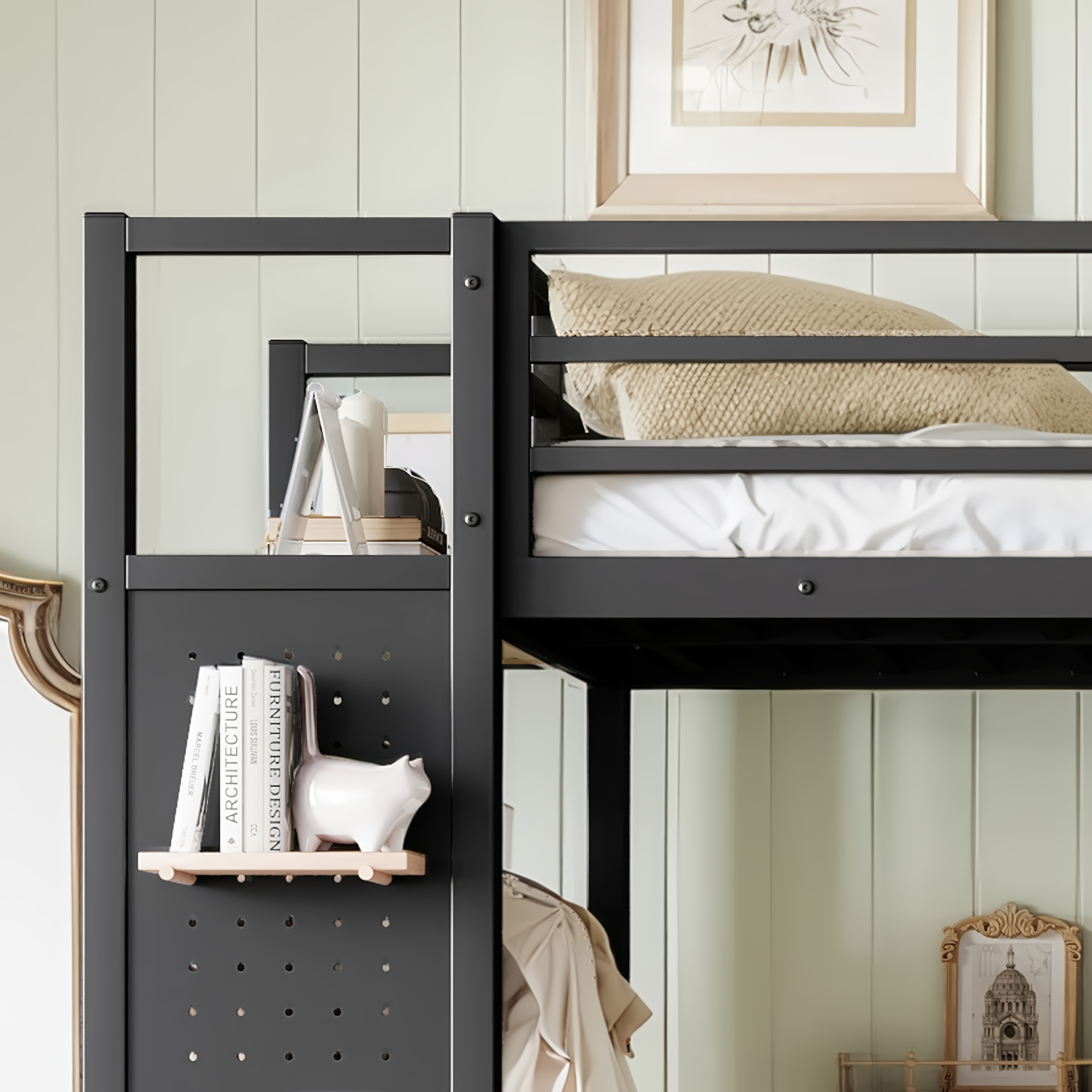 Twin XL size Loft Bed Frame with Wardrobe,Metal Loft Bed with Storage Shelves and Pegboard,Black - Image 4