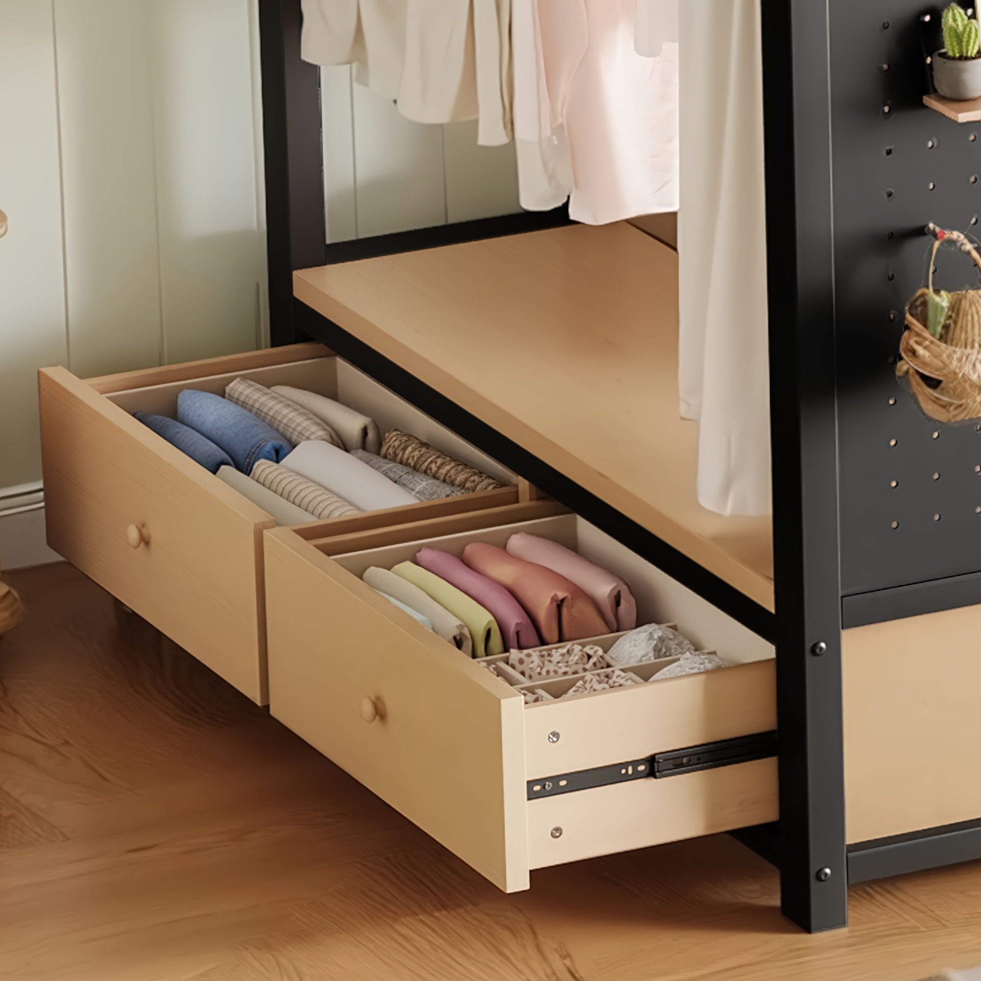 Twin XL size Loft Bed Frame with Wardrobe,Metal Loft Bed with Storage Shelves and Pegboard,Black - Image 5
