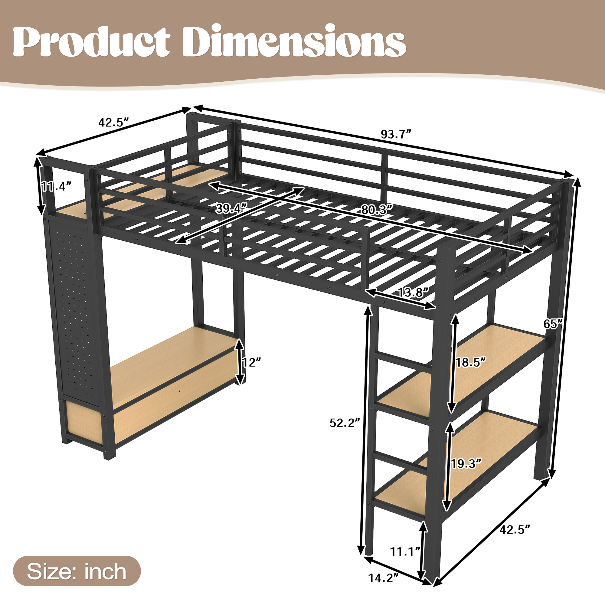 Twin XL size Loft Bed Frame with Wardrobe,Metal Loft Bed with Storage Shelves and Pegboard,Black - Image 6