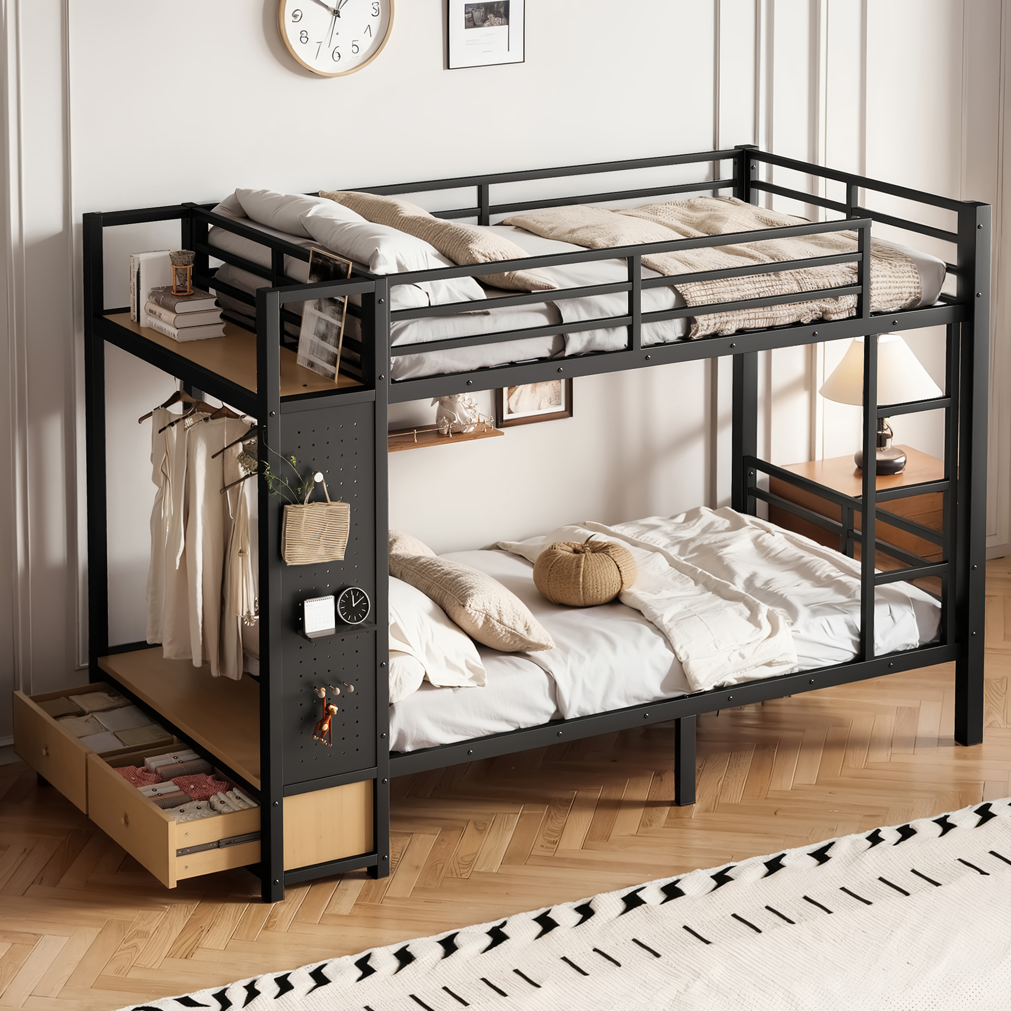Twin XL over Twin XL size Metal Bunk Bed for Teens with Storage Shelves ,Drawers and Pegboard,Black - Image 2