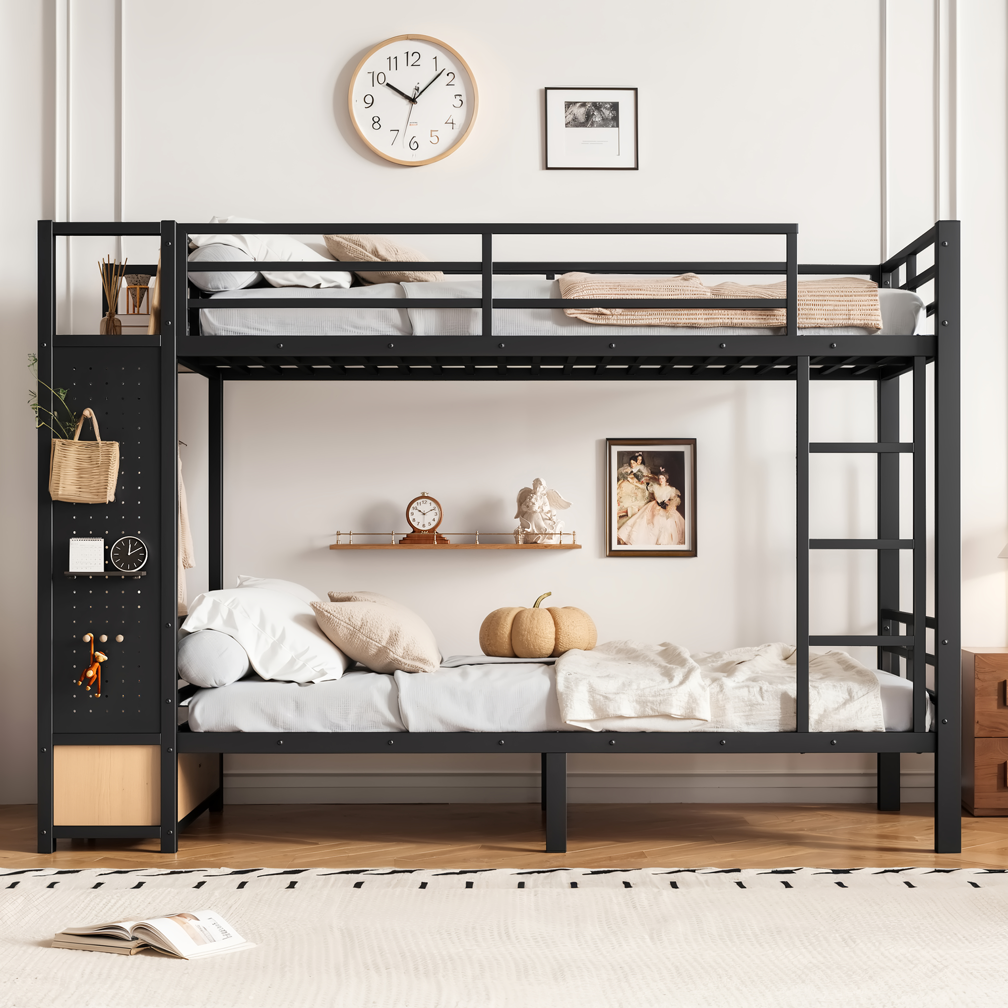 Twin XL over Twin XL size Metal Bunk Bed for Teens with Storage Shelves ,Drawers and Pegboard,Black - Image 3