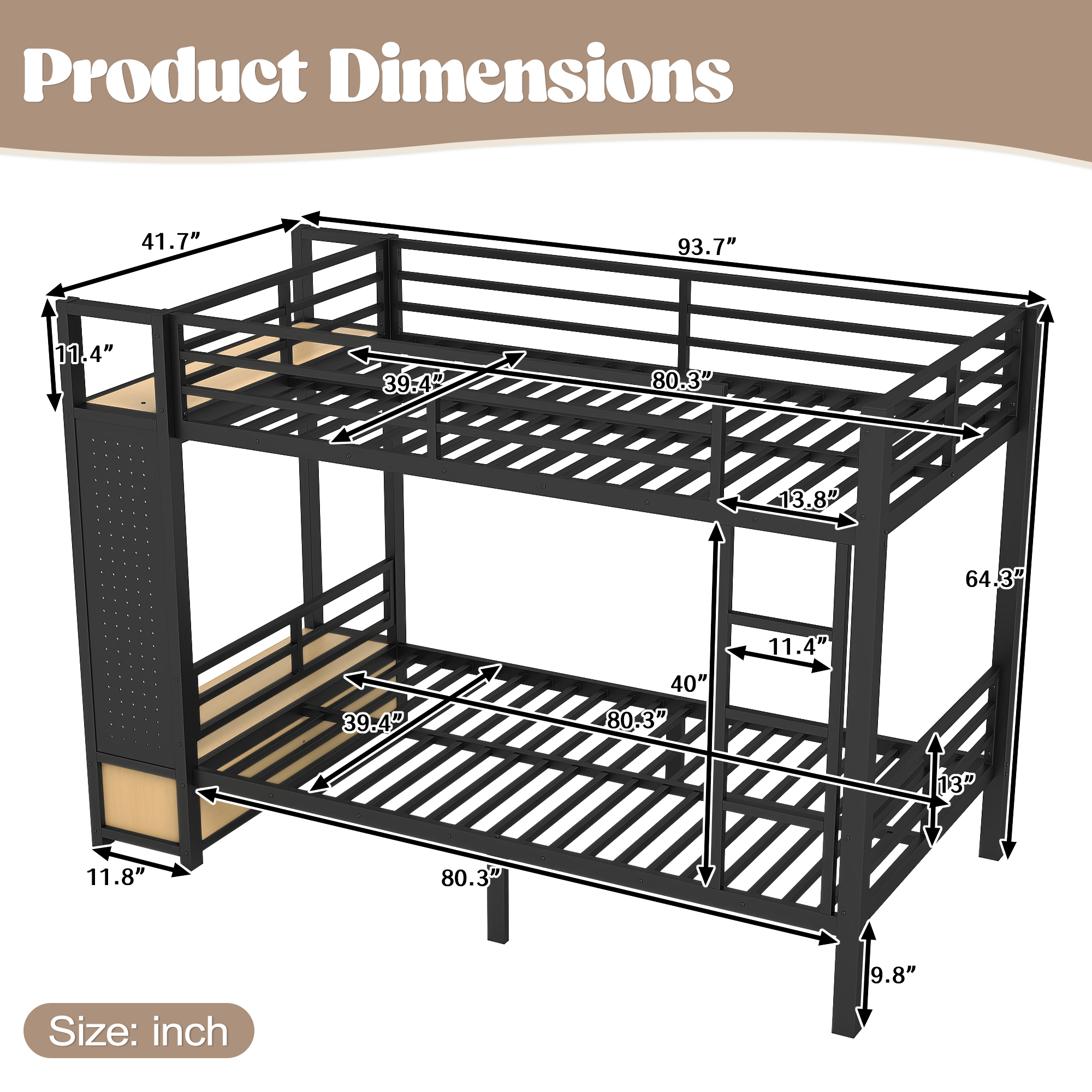 Twin XL over Twin XL size Metal Bunk Bed for Teens with Storage Shelves ,Drawers and Pegboard,Black - Image 6
