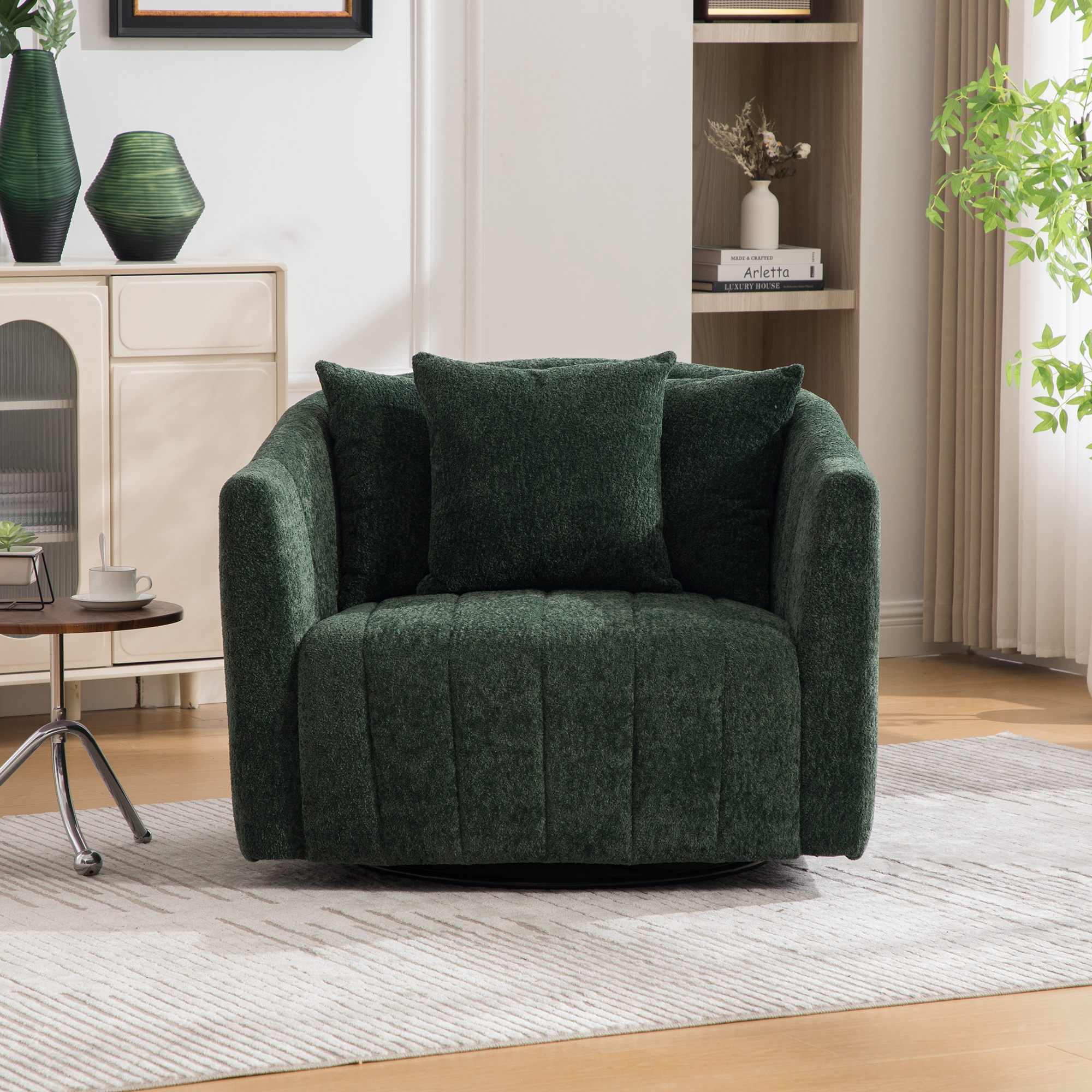 39"W Upholstered Oversized 360° Swivel Accent Barrel Chair and Half Cozy Sofa with 3 Pillows, Channel Tufted Pumpkin-Shape Club Armchair for Living Room, Bedroom, Office, Lounge, Chenille Green - Image 2