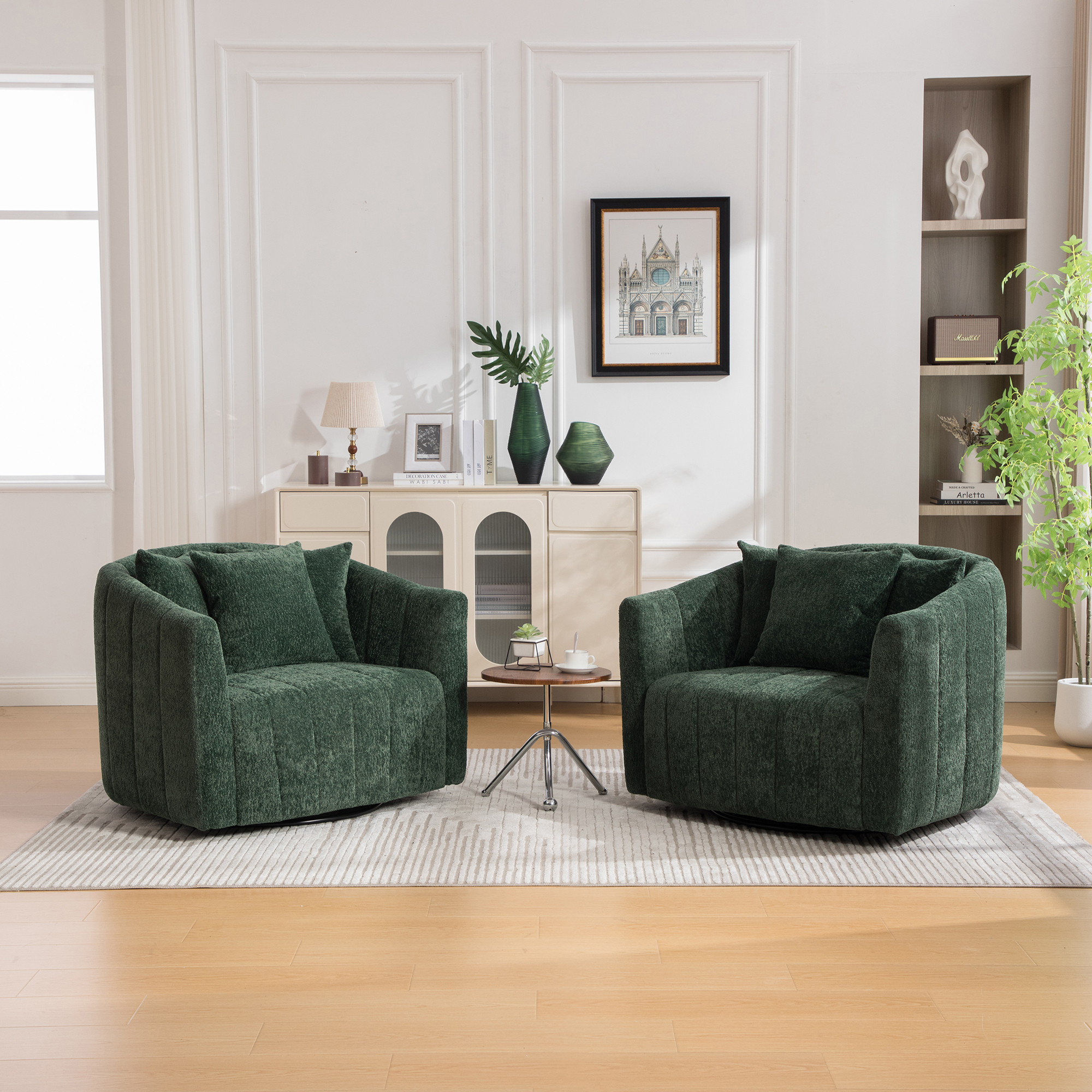 39"W Upholstered Oversized 360° Swivel Accent Barrel Chair and Half Cozy Sofa with 3 Pillows, Channel Tufted Pumpkin-Shape Club Armchair for Living Room, Bedroom, Office, Lounge, Chenille Green - Image 3