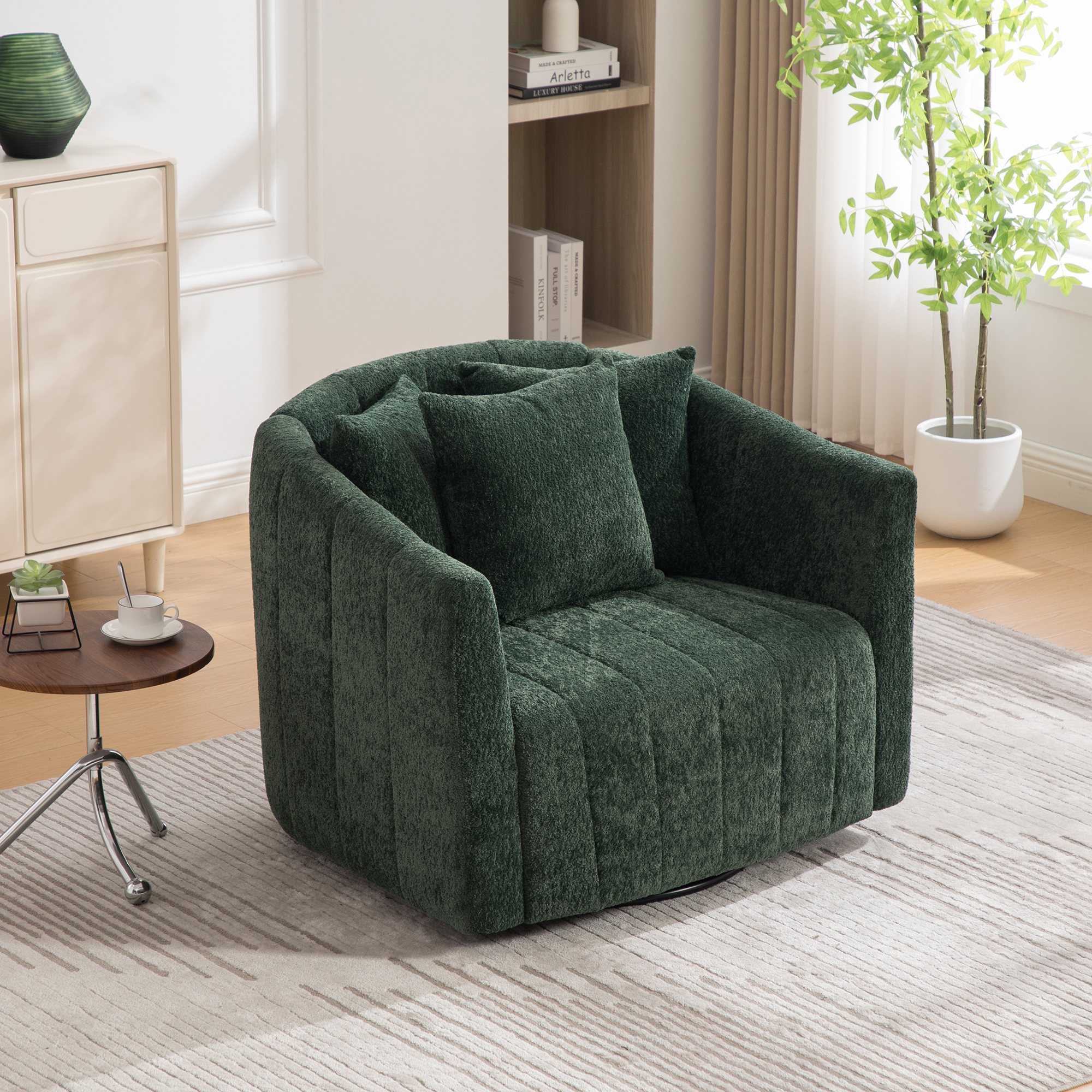 39"W Upholstered Oversized 360° Swivel Accent Barrel Chair and Half Cozy Sofa with 3 Pillows, Channel Tufted Pumpkin-Shape Club Armchair for Living Room, Bedroom, Office, Lounge, Chenille Green - Image 4