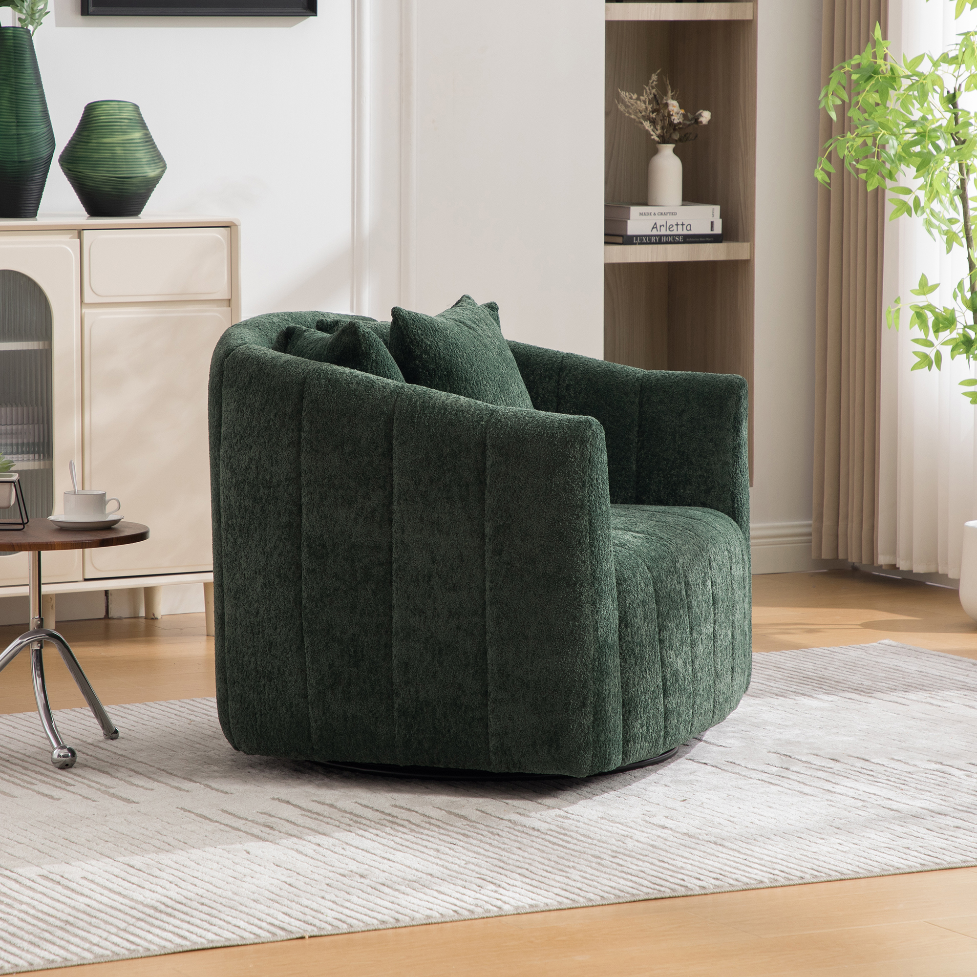 39"W Upholstered Oversized 360° Swivel Accent Barrel Chair and Half Cozy Sofa with 3 Pillows, Channel Tufted Pumpkin-Shape Club Armchair for Living Room, Bedroom, Office, Lounge, Chenille Green - Image 6