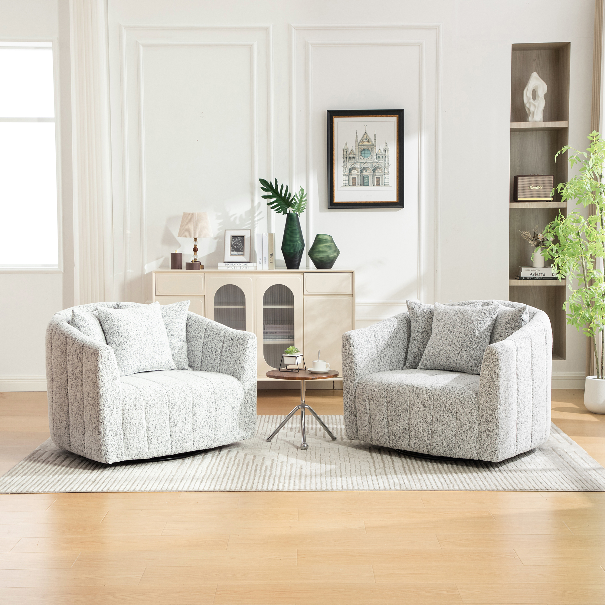39"W Upholstered Oversized 360° Swivel Accent Barrel Chair and Half Cozy Sofa with 3 Pillows, Chenille Channel Tufted Pumpkin-Shape Club Armchair for Living Room, Bedroom, Office, Lounge,White-Black - Image 2