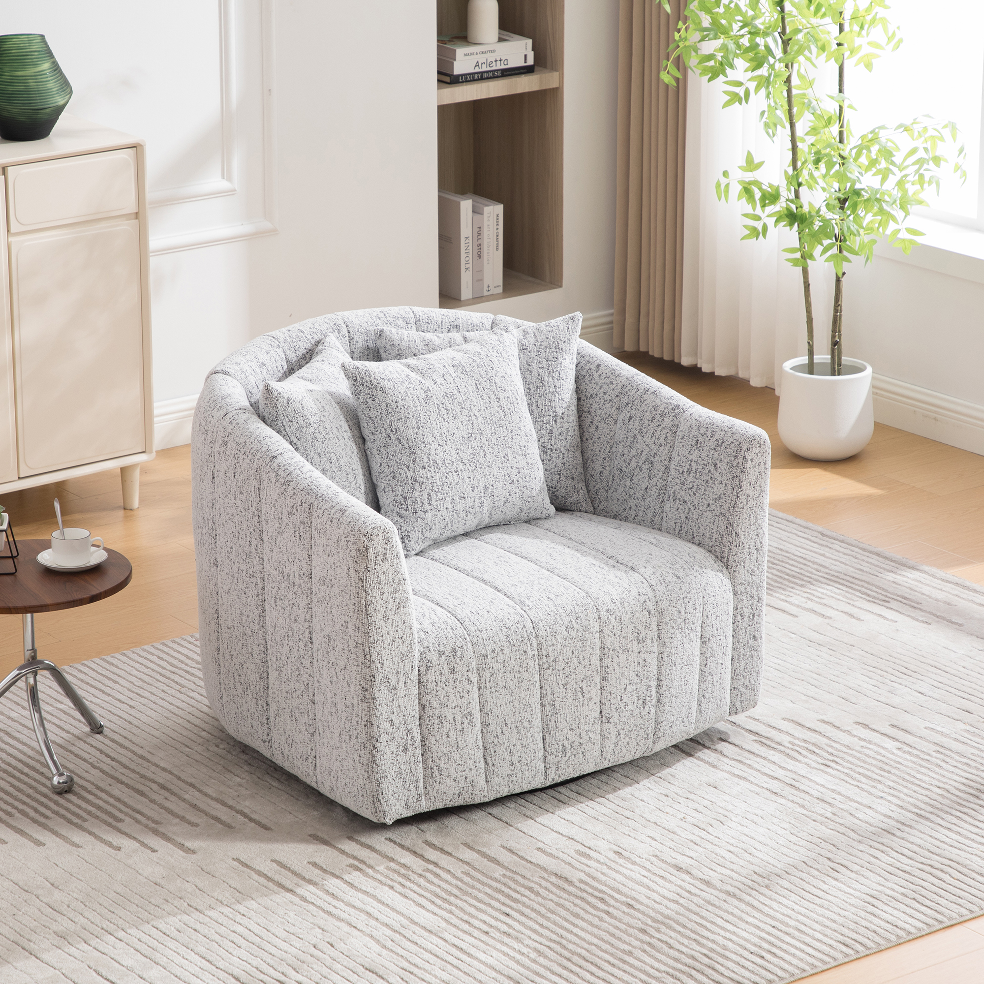 39"W Upholstered Oversized 360° Swivel Accent Barrel Chair and Half Cozy Sofa with 3 Pillows, Chenille Channel Tufted Pumpkin-Shape Club Armchair for Living Room, Bedroom, Office, Lounge,White-Black - Image 3
