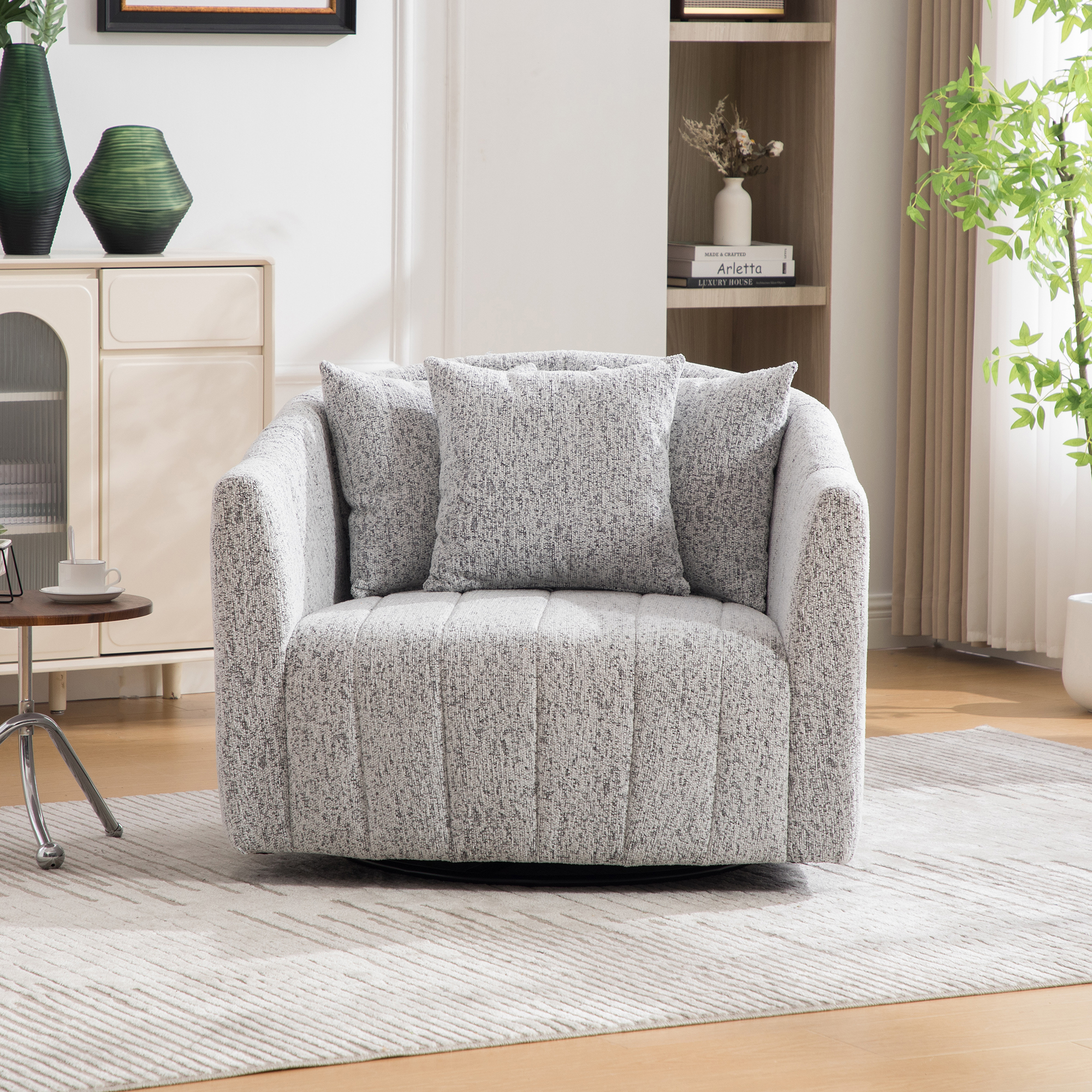 39"W Upholstered Oversized 360° Swivel Accent Barrel Chair and Half Cozy Sofa with 3 Pillows, Chenille Channel Tufted Pumpkin-Shape Club Armchair for Living Room, Bedroom, Office, Lounge,White-Black - Image 4
