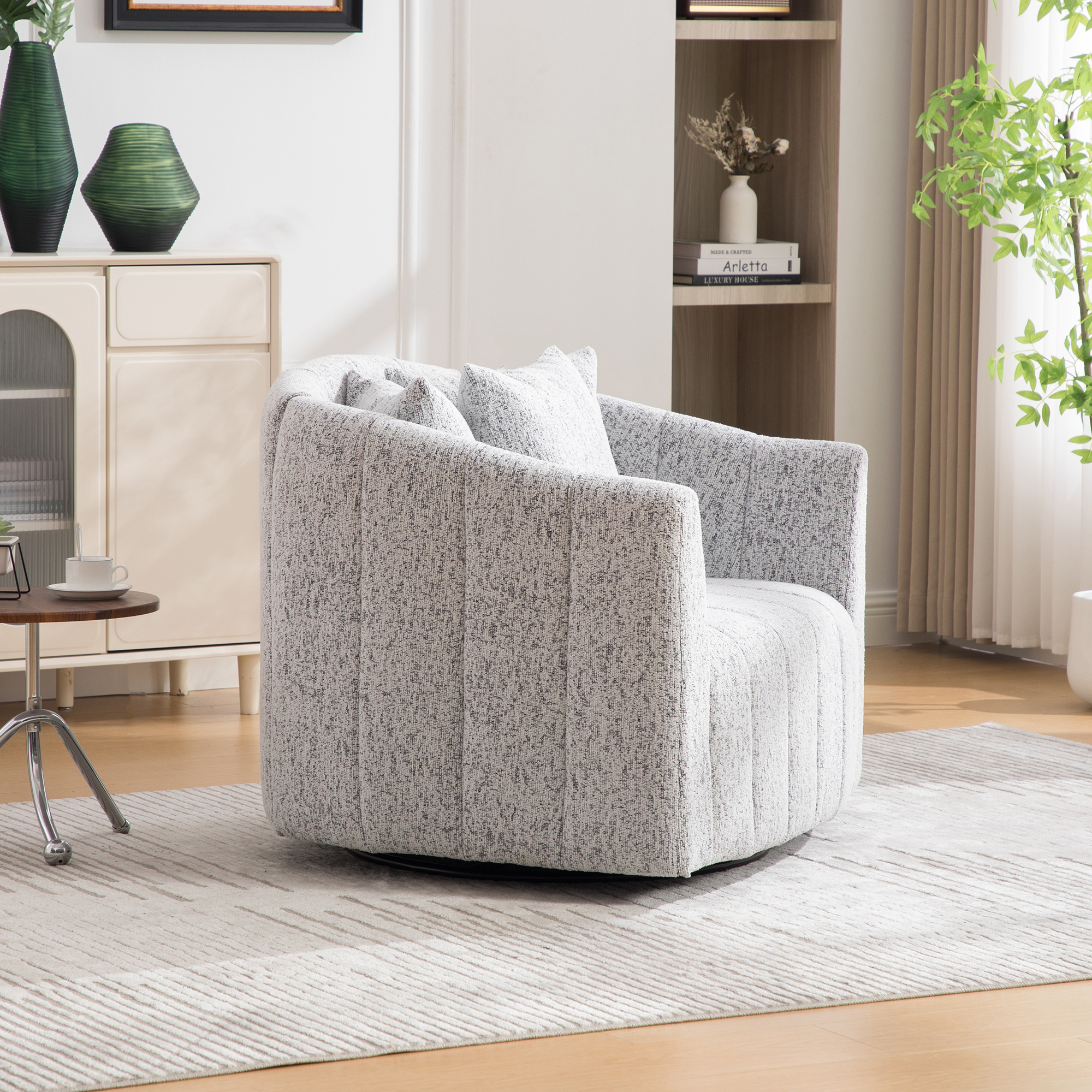 39"W Upholstered Oversized 360° Swivel Accent Barrel Chair and Half Cozy Sofa with 3 Pillows, Chenille Channel Tufted Pumpkin-Shape Club Armchair for Living Room, Bedroom, Office, Lounge,White-Black - Image 6