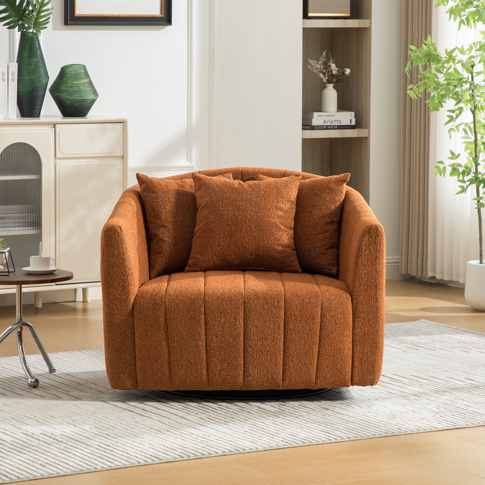 39"W Upholstered Oversized 360° Swivel Accent Barrel Chair and Half Cozy Sofa with 3 Pillows, Chenille Channel Tufted Pumpkin-Shape Club Armchair for Living Room, Bedroom, Office, Lounge,Orange - Image 2