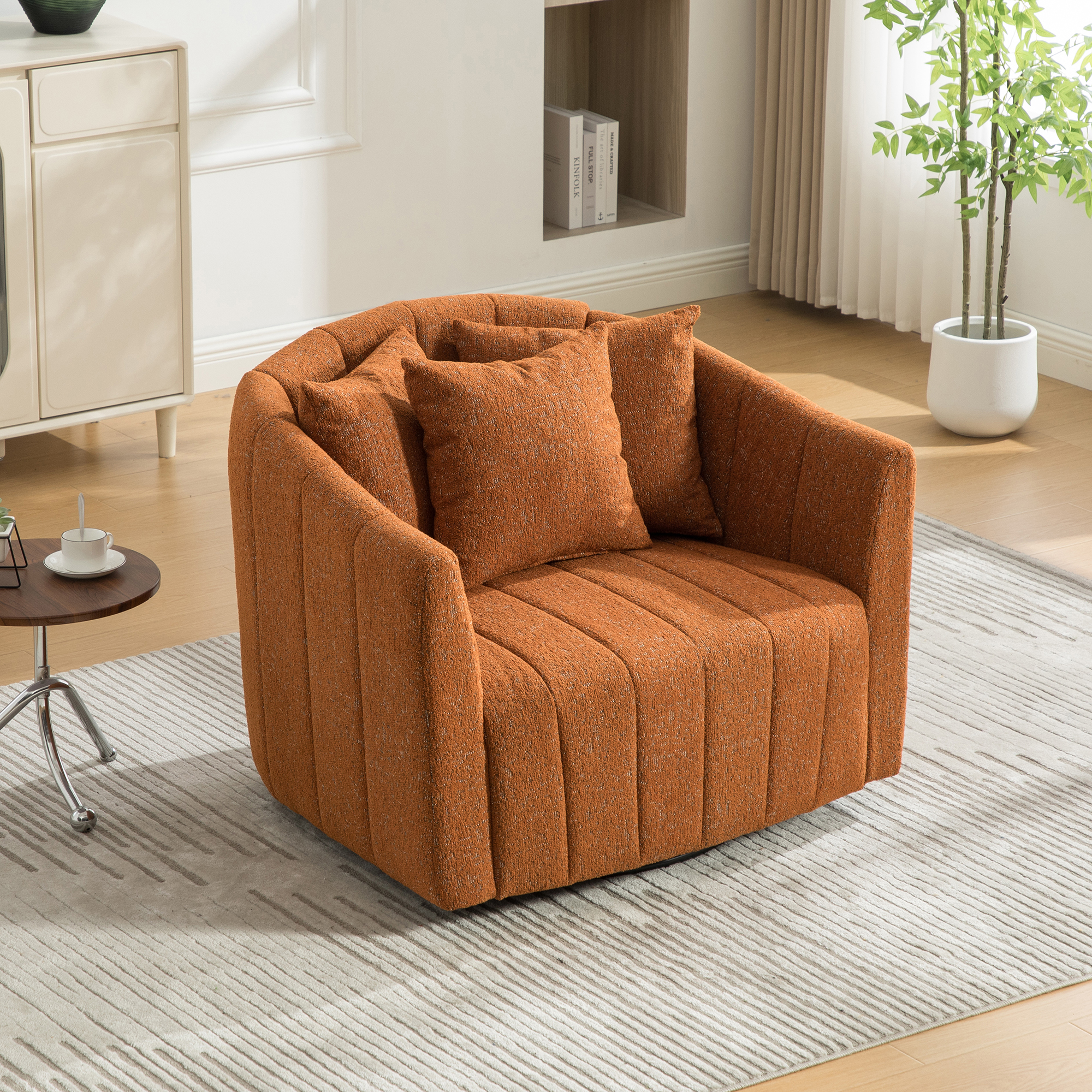 39"W Upholstered Oversized 360° Swivel Accent Barrel Chair and Half Cozy Sofa with 3 Pillows, Chenille Channel Tufted Pumpkin-Shape Club Armchair for Living Room, Bedroom, Office, Lounge,Orange - Image 3
