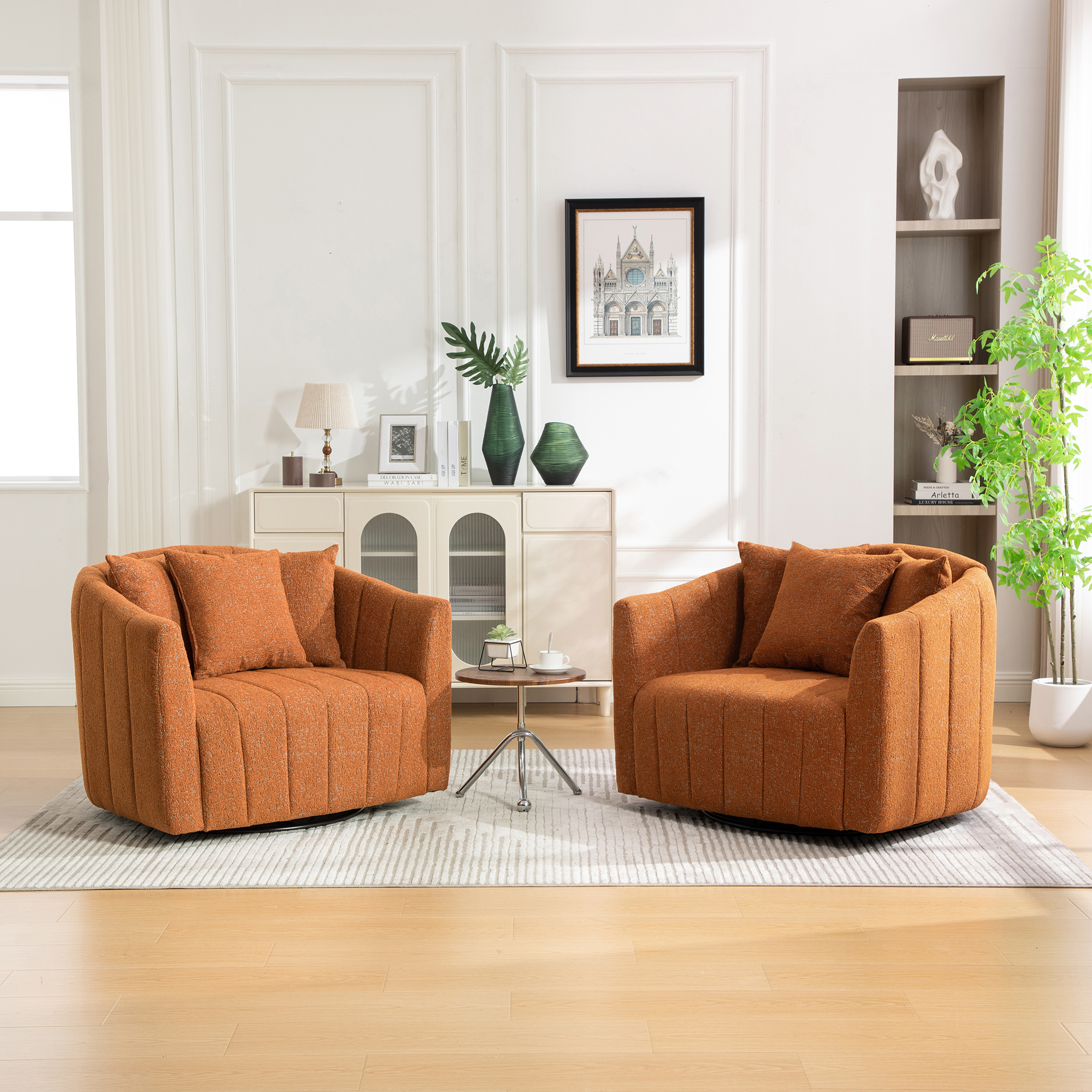 39"W Upholstered Oversized 360° Swivel Accent Barrel Chair and Half Cozy Sofa with 3 Pillows, Chenille Channel Tufted Pumpkin-Shape Club Armchair for Living Room, Bedroom, Office, Lounge,Orange - Image 4
