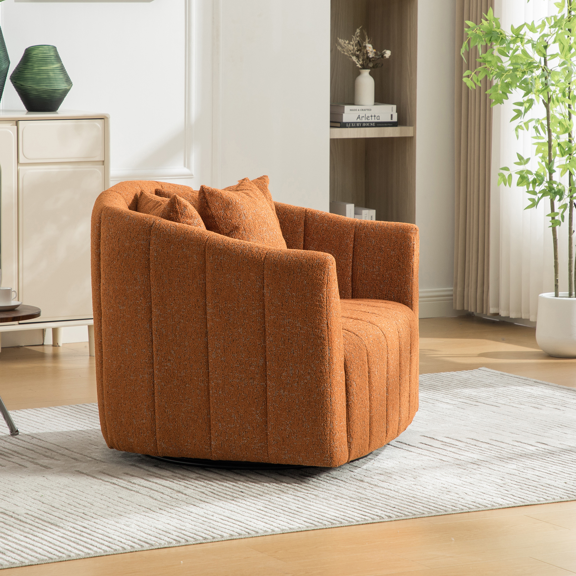 39"W Upholstered Oversized 360° Swivel Accent Barrel Chair and Half Cozy Sofa with 3 Pillows, Chenille Channel Tufted Pumpkin-Shape Club Armchair for Living Room, Bedroom, Office, Lounge,Orange - Image 6