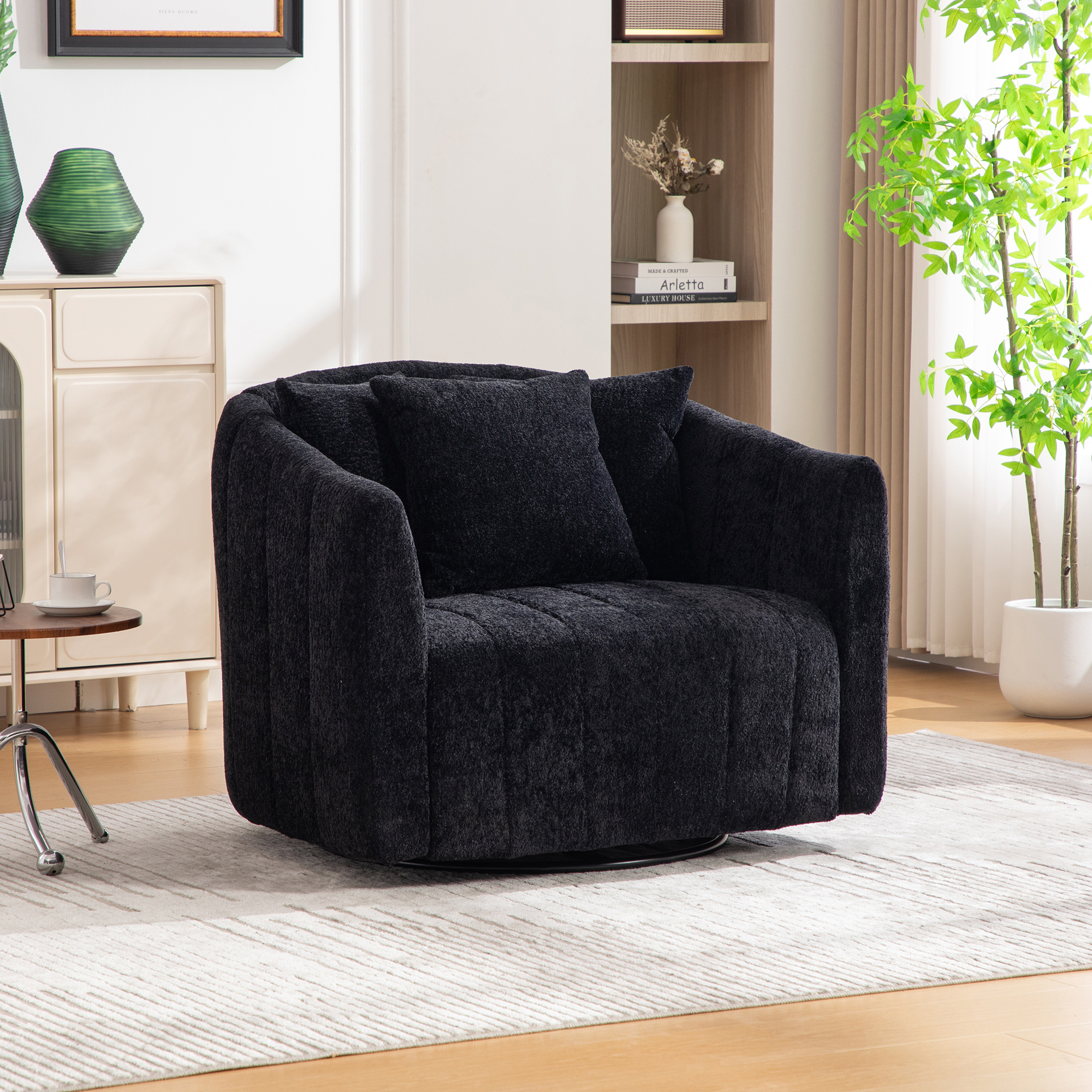 39″W Upholstered Oversized 360° Swivel Accent Barrel Chair and Half Cozy Sofa with 3 Pillows, Channel Tufted Pumpkin-Shape Club Armchair for Living Room, Bedroom, Office, Lounge, Chenille Black