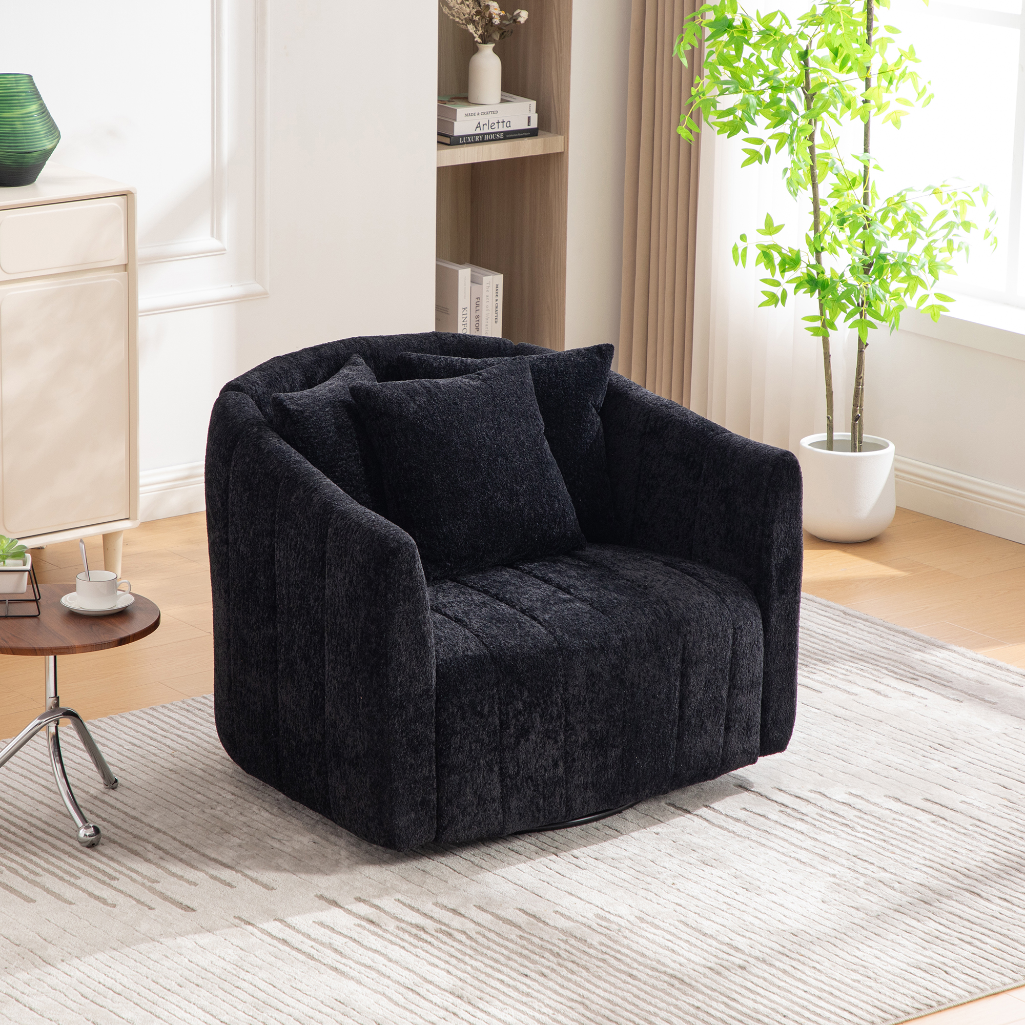 39"W Upholstered Oversized 360° Swivel Accent Barrel Chair and Half Cozy Sofa with 3 Pillows, Channel Tufted Pumpkin-Shape Club Armchair for Living Room, Bedroom, Office, Lounge, Chenille Black - Image 2