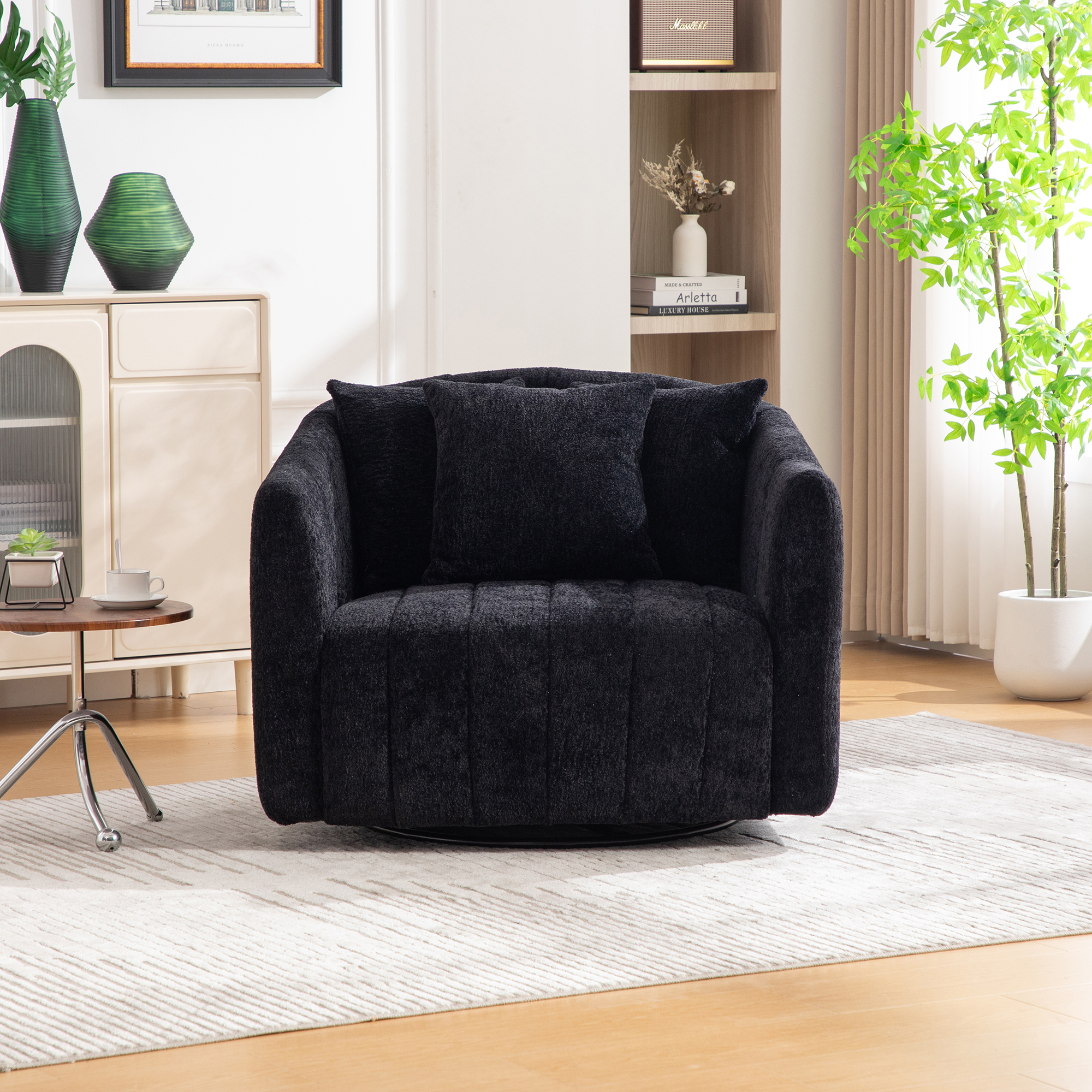 39"W Upholstered Oversized 360° Swivel Accent Barrel Chair and Half Cozy Sofa with 3 Pillows, Channel Tufted Pumpkin-Shape Club Armchair for Living Room, Bedroom, Office, Lounge, Chenille Black - Image 3