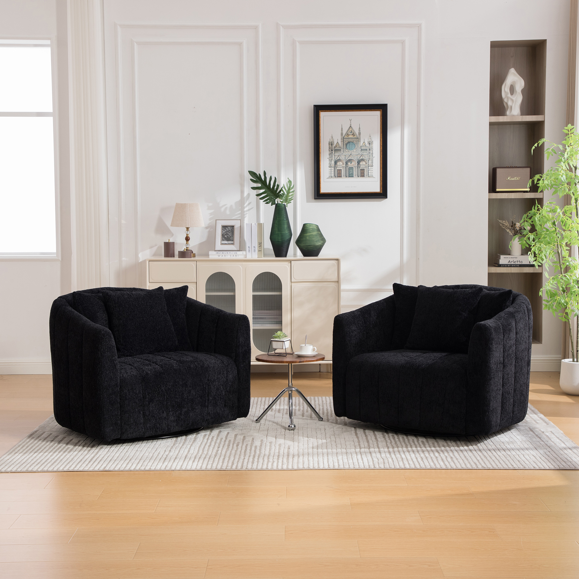 39"W Upholstered Oversized 360° Swivel Accent Barrel Chair and Half Cozy Sofa with 3 Pillows, Channel Tufted Pumpkin-Shape Club Armchair for Living Room, Bedroom, Office, Lounge, Chenille Black - Image 4