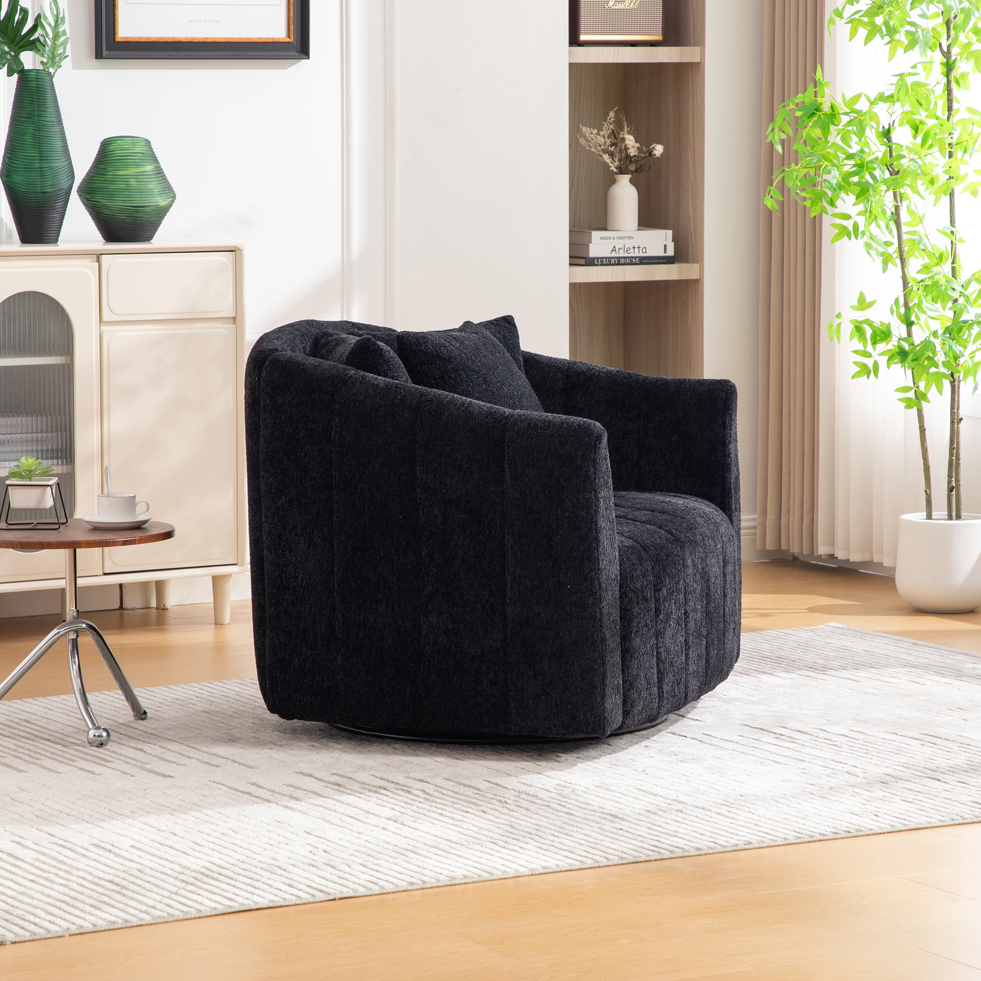39"W Upholstered Oversized 360° Swivel Accent Barrel Chair and Half Cozy Sofa with 3 Pillows, Channel Tufted Pumpkin-Shape Club Armchair for Living Room, Bedroom, Office, Lounge, Chenille Black - Image 6
