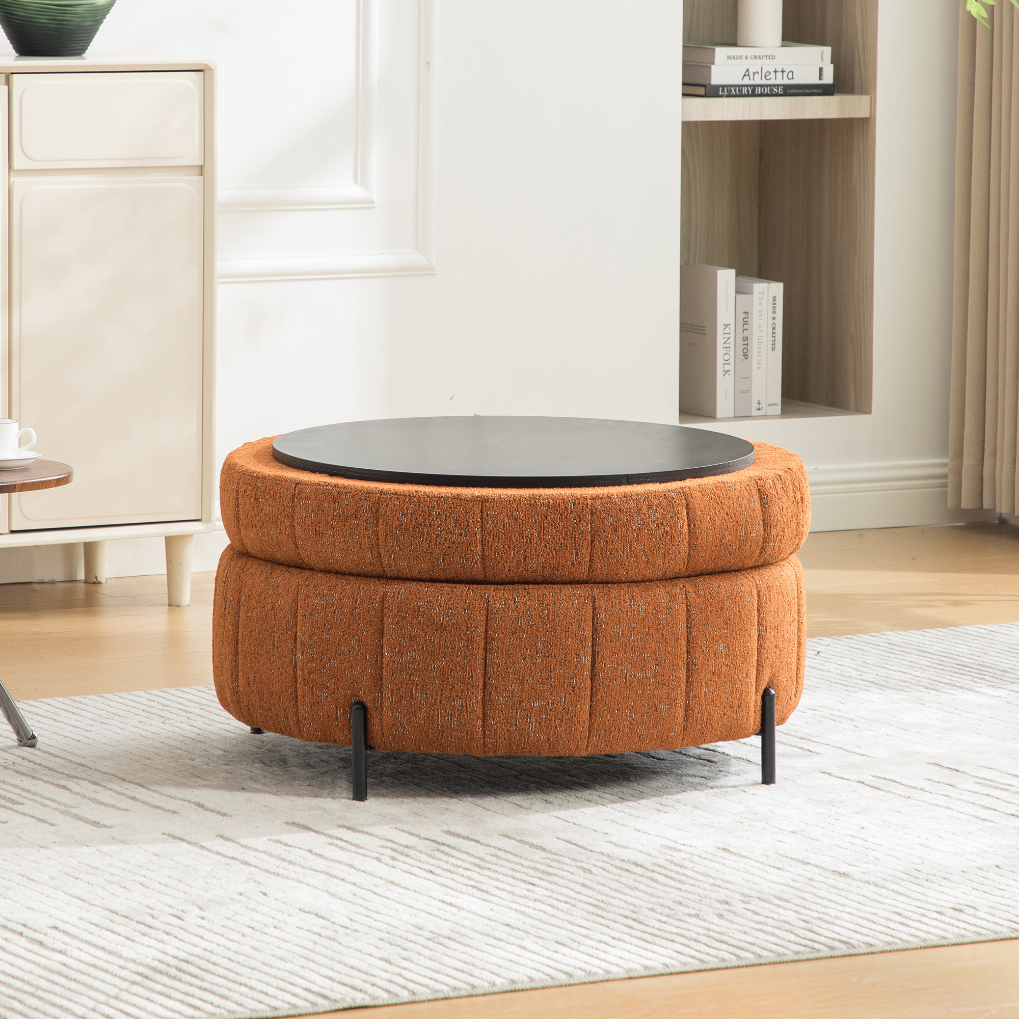 31.3"W Upholstered Round Ottoman With Reversible Lid, Chenille Storage Stool, Channel Tufted Pumpkin-shape Footstool for Living room, Bedroom and Office, Orange - Image 2
