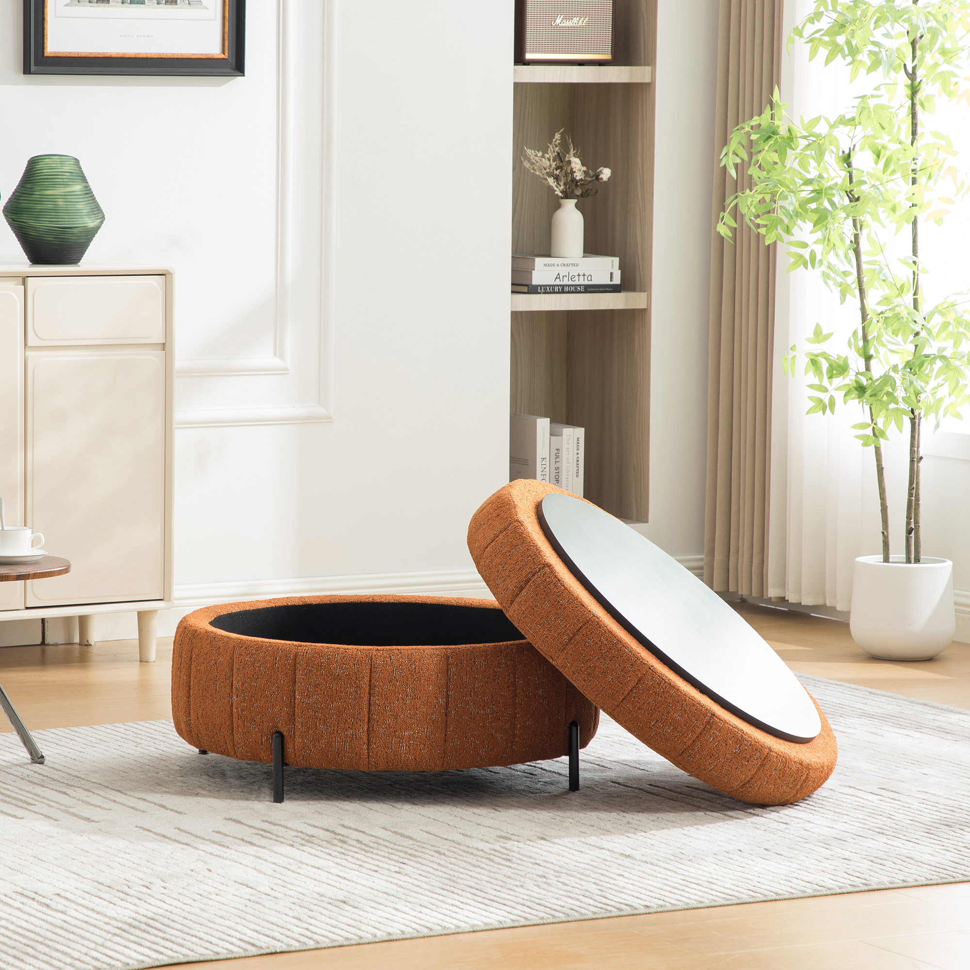 31.3"W Upholstered Round Ottoman With Reversible Lid, Chenille Storage Stool, Channel Tufted Pumpkin-shape Footstool for Living room, Bedroom and Office, Orange - Image 4