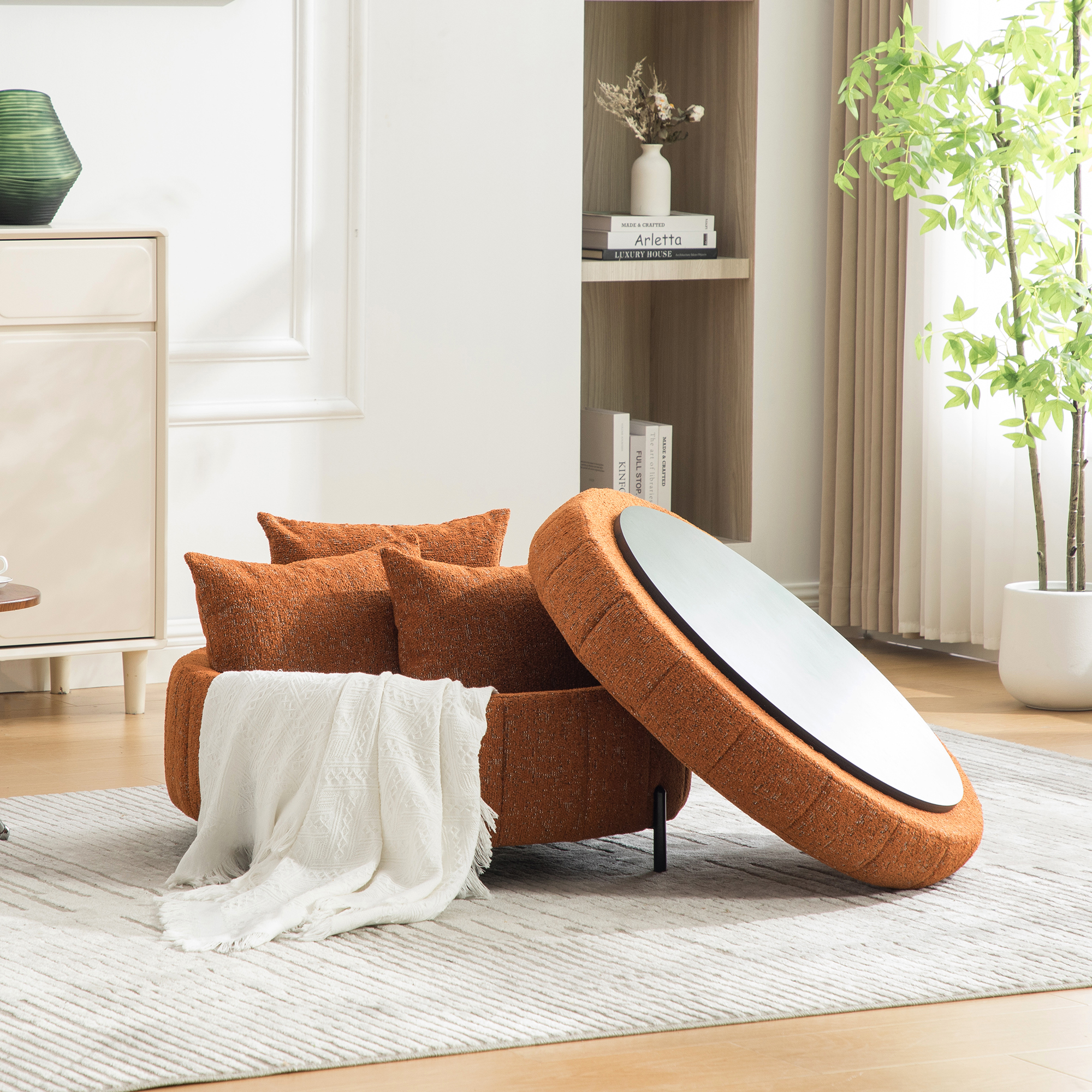 31.3"W Upholstered Round Ottoman With Reversible Lid, Chenille Storage Stool, Channel Tufted Pumpkin-shape Footstool for Living room, Bedroom and Office, Orange - Image 5