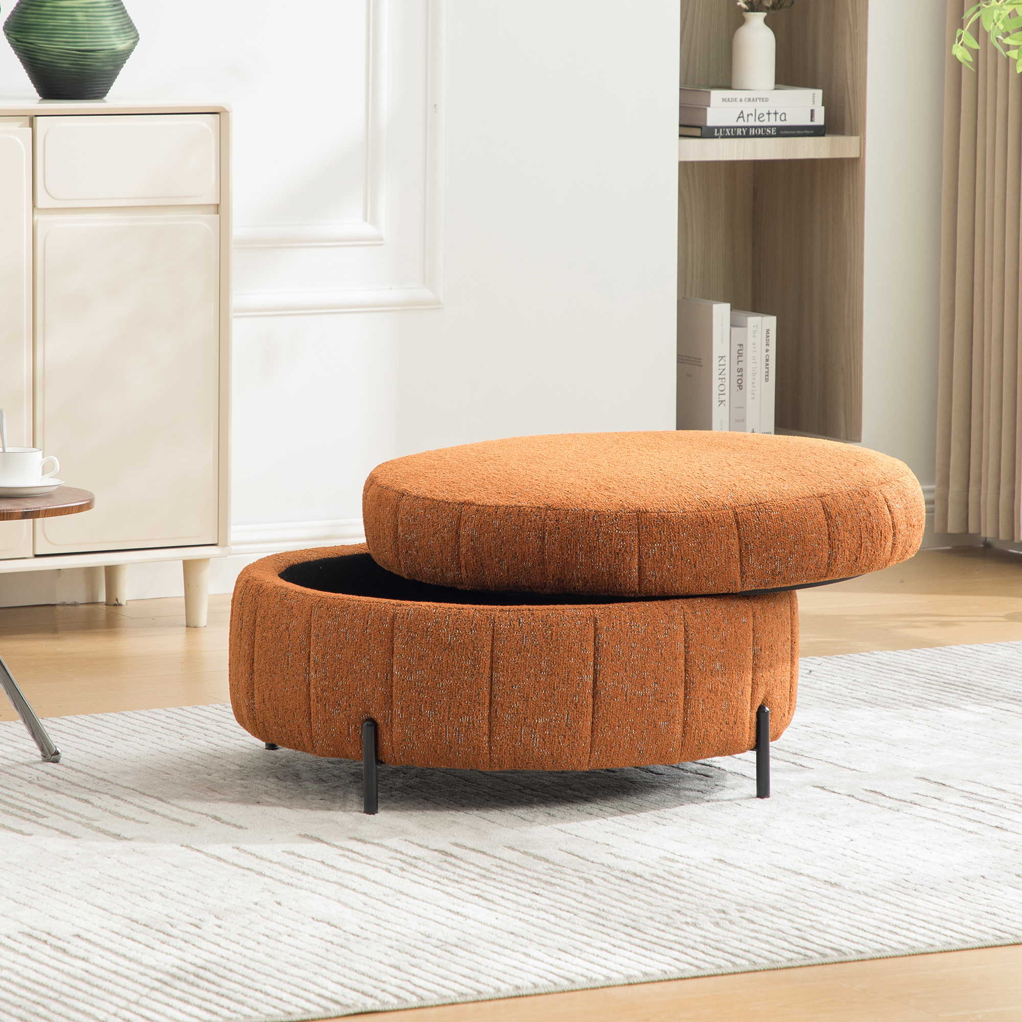 31.3"W Upholstered Round Ottoman With Reversible Lid, Chenille Storage Stool, Channel Tufted Pumpkin-shape Footstool for Living room, Bedroom and Office, Orange - Image 6