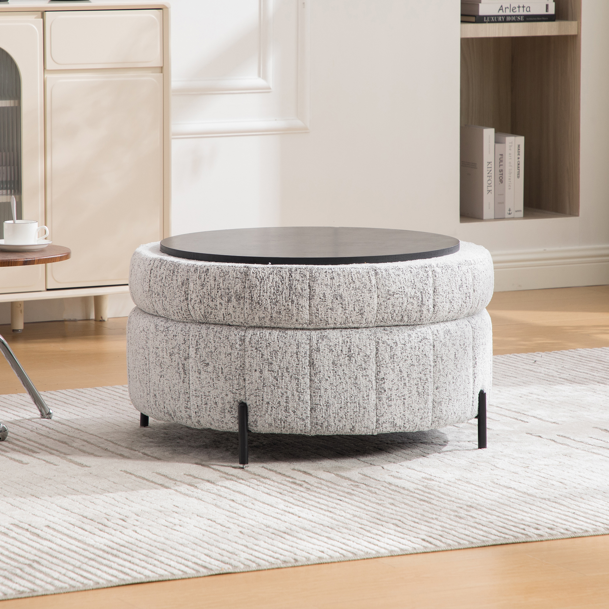 31.3"W Upholstered Round Ottoman With Reversible Lid, Chenille Storage Stool, Channel Tufted Pumpkin-shape Footstool for Living room, Bedroom and Office, White-Black - Image 2