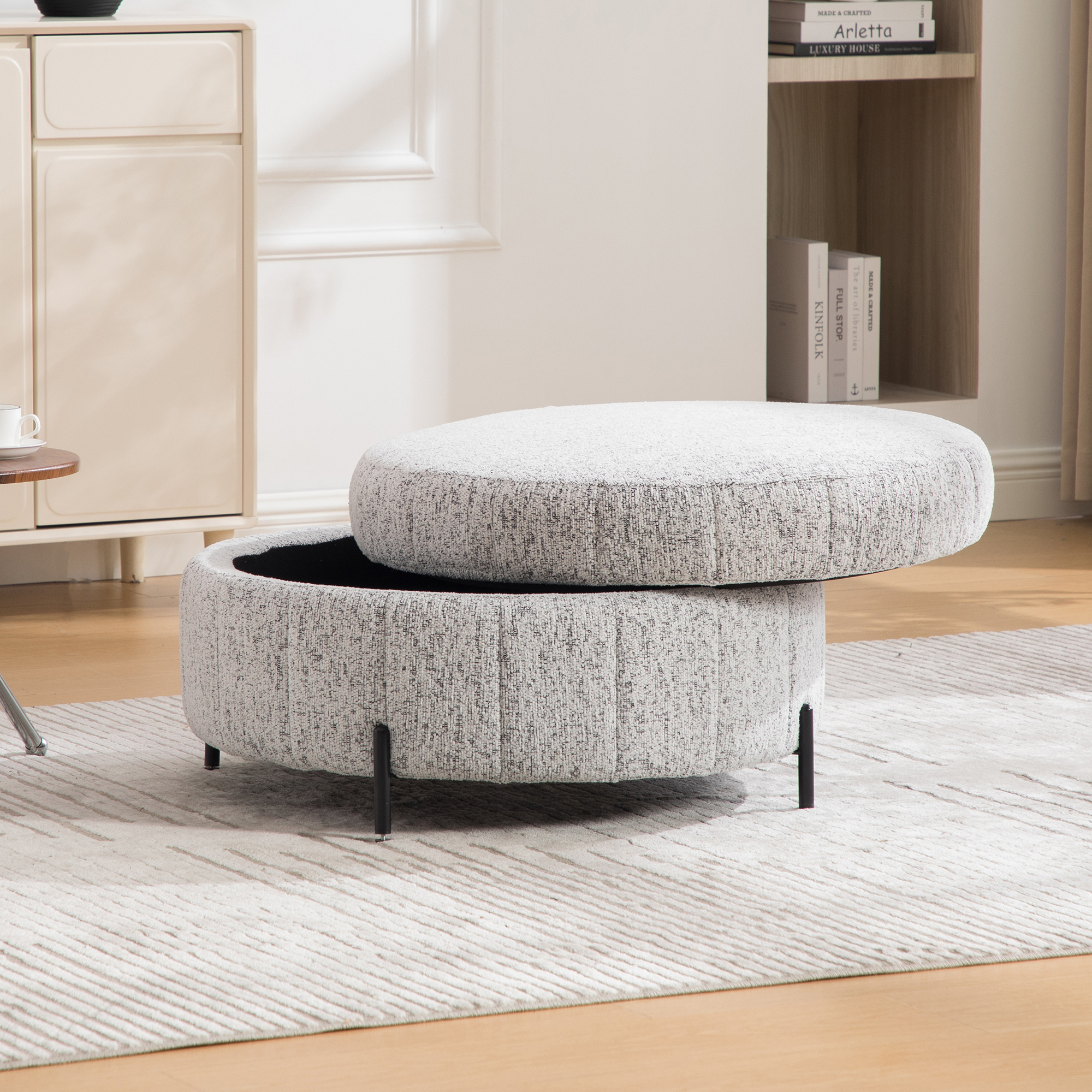 31.3"W Upholstered Round Ottoman With Reversible Lid, Chenille Storage Stool, Channel Tufted Pumpkin-shape Footstool for Living room, Bedroom and Office, White-Black - Image 3