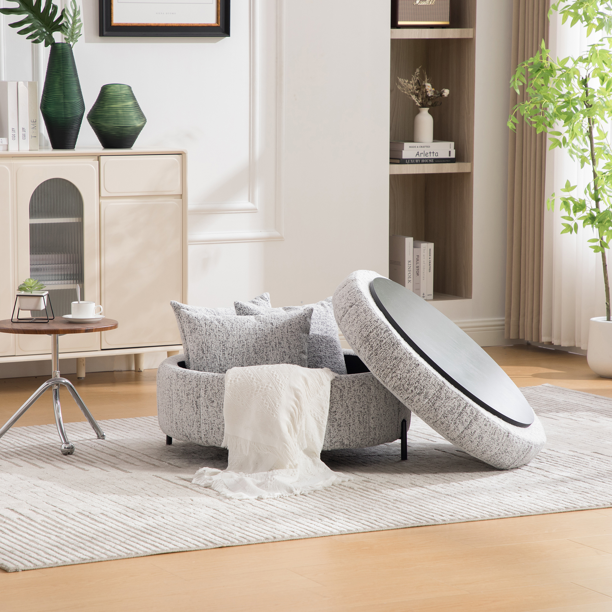 31.3"W Upholstered Round Ottoman With Reversible Lid, Chenille Storage Stool, Channel Tufted Pumpkin-shape Footstool for Living room, Bedroom and Office, White-Black - Image 5