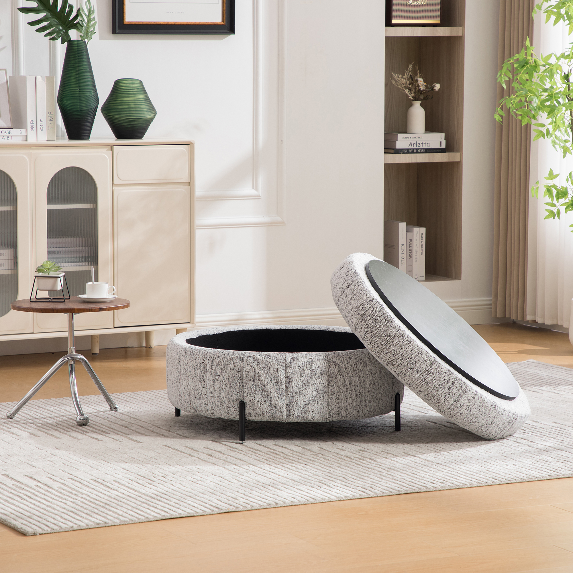 31.3"W Upholstered Round Ottoman With Reversible Lid, Chenille Storage Stool, Channel Tufted Pumpkin-shape Footstool for Living room, Bedroom and Office, White-Black - Image 6