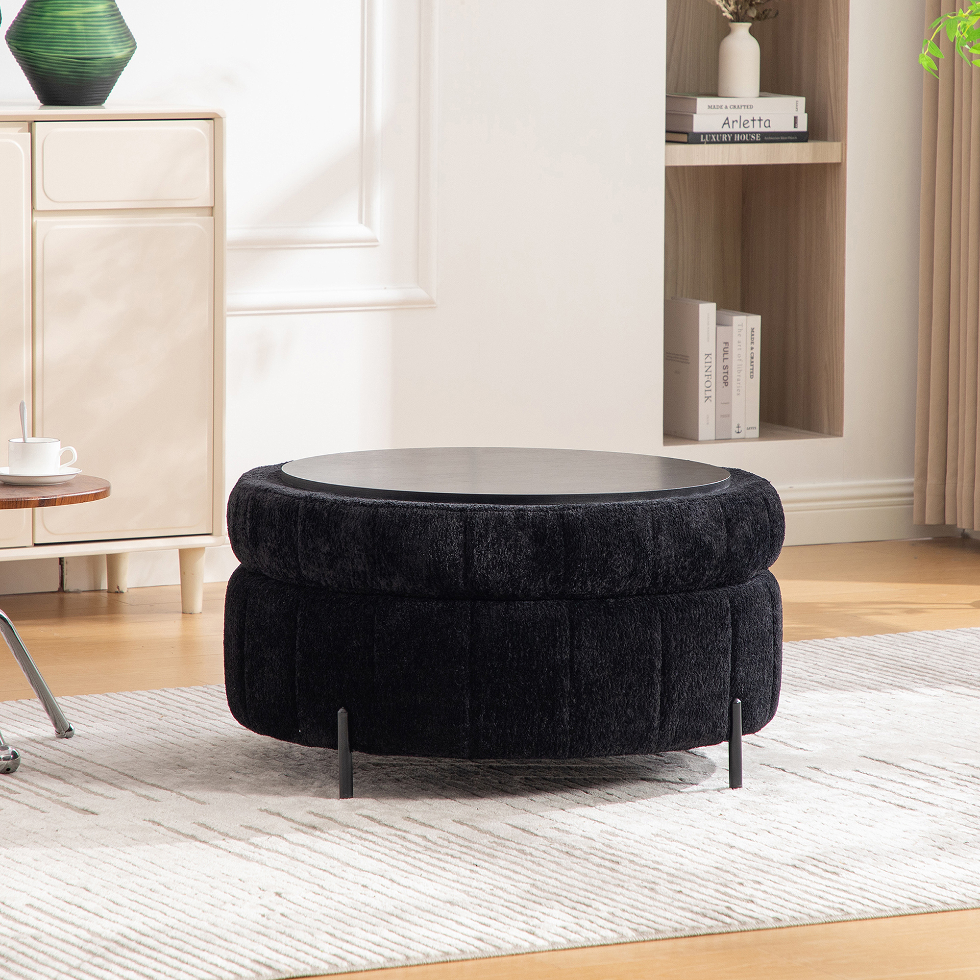 31.3"W Upholstered Round Ottoman With Reversible Lid, Chenille Storage Stool, Channel Tufted Pumpkin-shape Footstool for Living room, Bedroom and Office, Black - Image 2