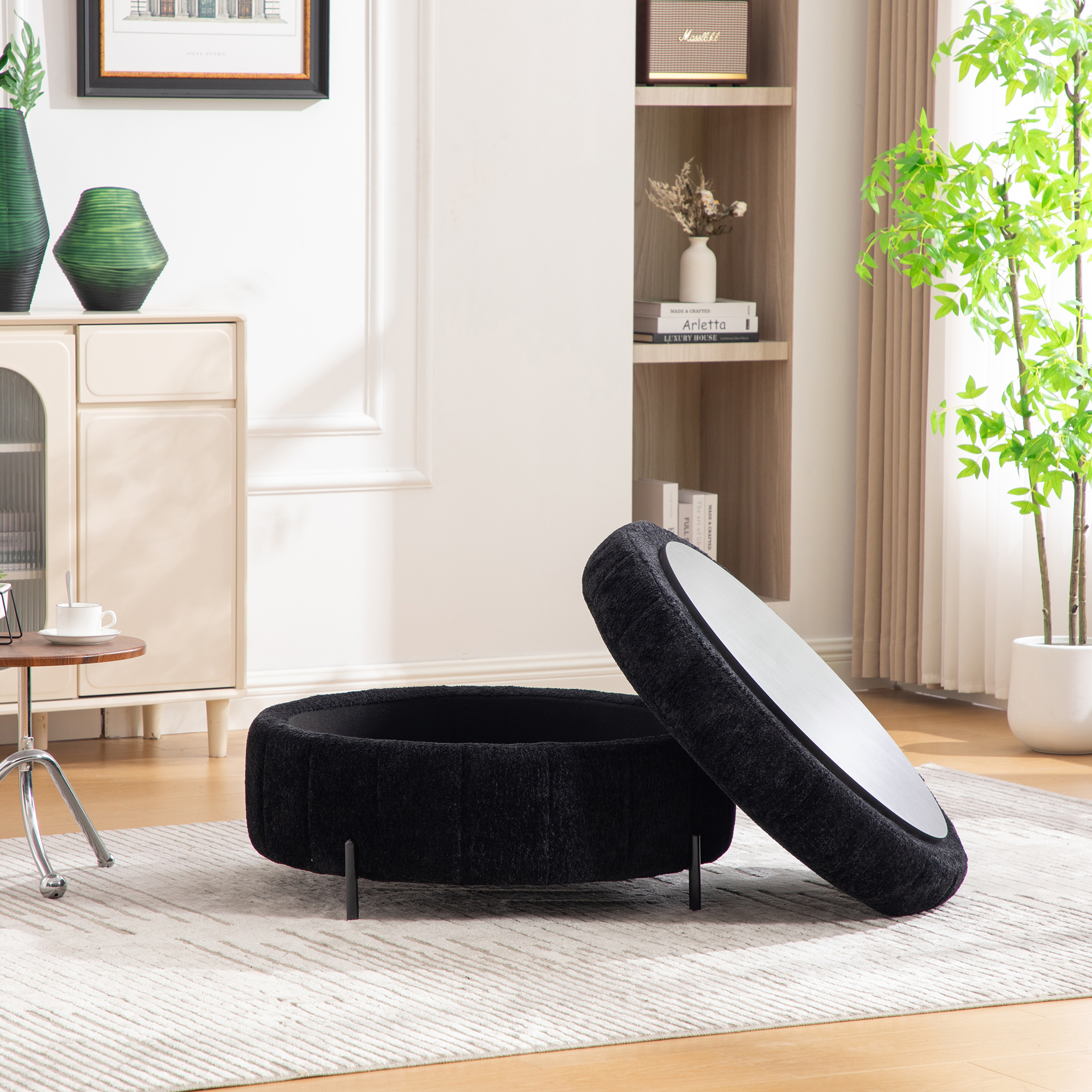 31.3"W Upholstered Round Ottoman With Reversible Lid, Chenille Storage Stool, Channel Tufted Pumpkin-shape Footstool for Living room, Bedroom and Office, Black - Image 3