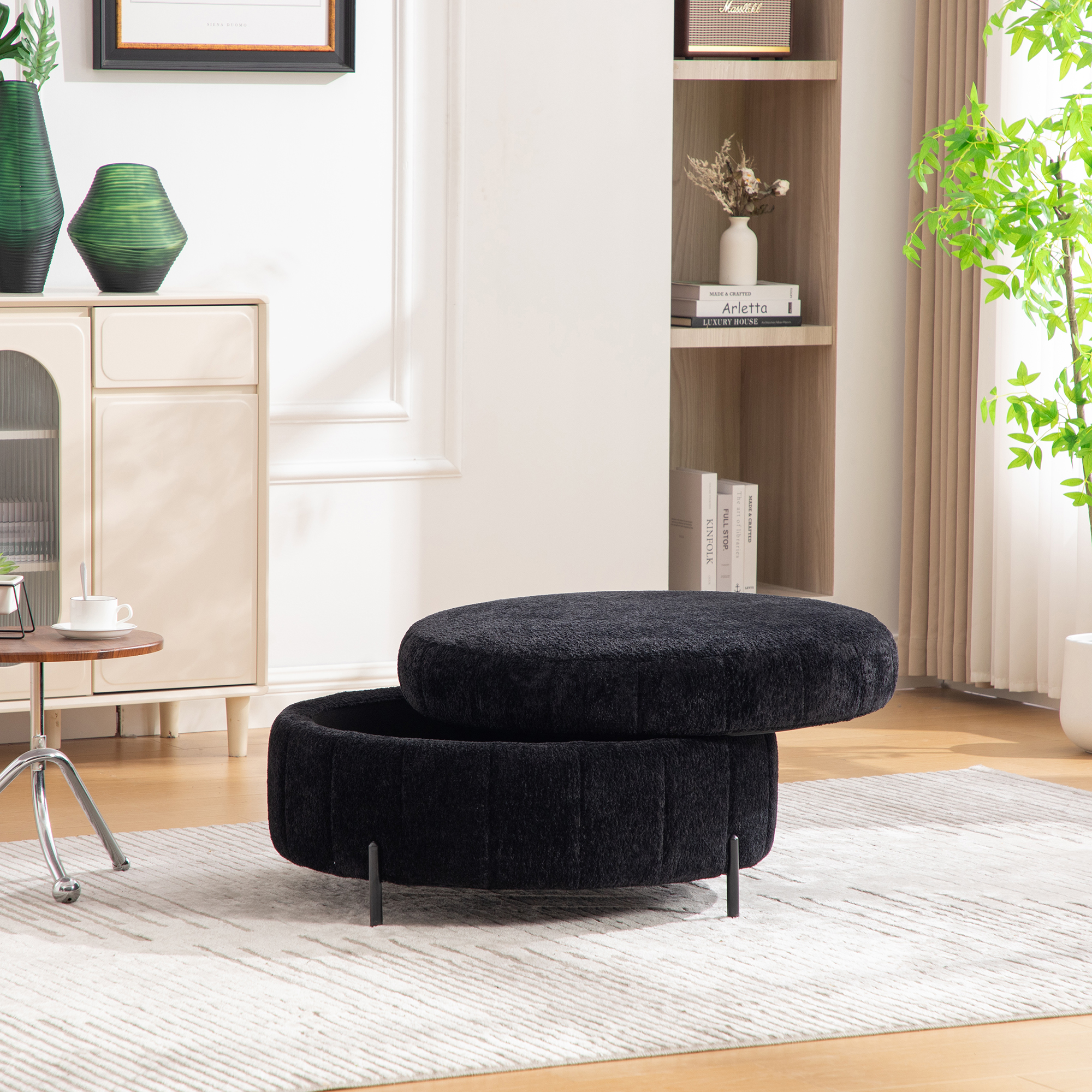 31.3"W Upholstered Round Ottoman With Reversible Lid, Chenille Storage Stool, Channel Tufted Pumpkin-shape Footstool for Living room, Bedroom and Office, Black - Image 5