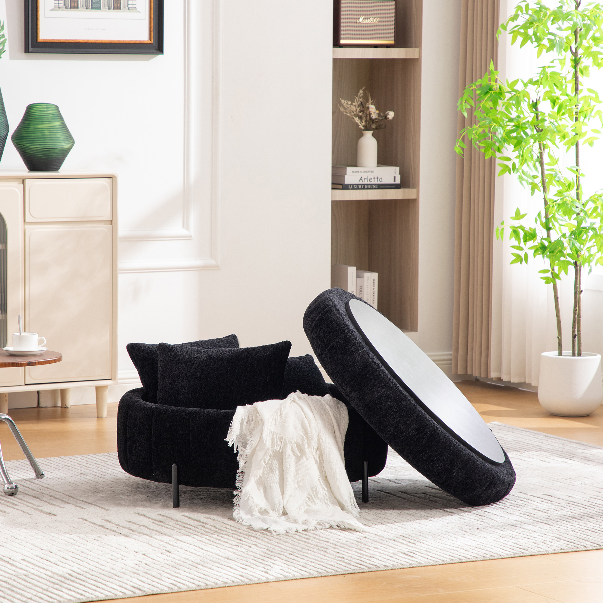 31.3"W Upholstered Round Ottoman With Reversible Lid, Chenille Storage Stool, Channel Tufted Pumpkin-shape Footstool for Living room, Bedroom and Office, Black - Image 6