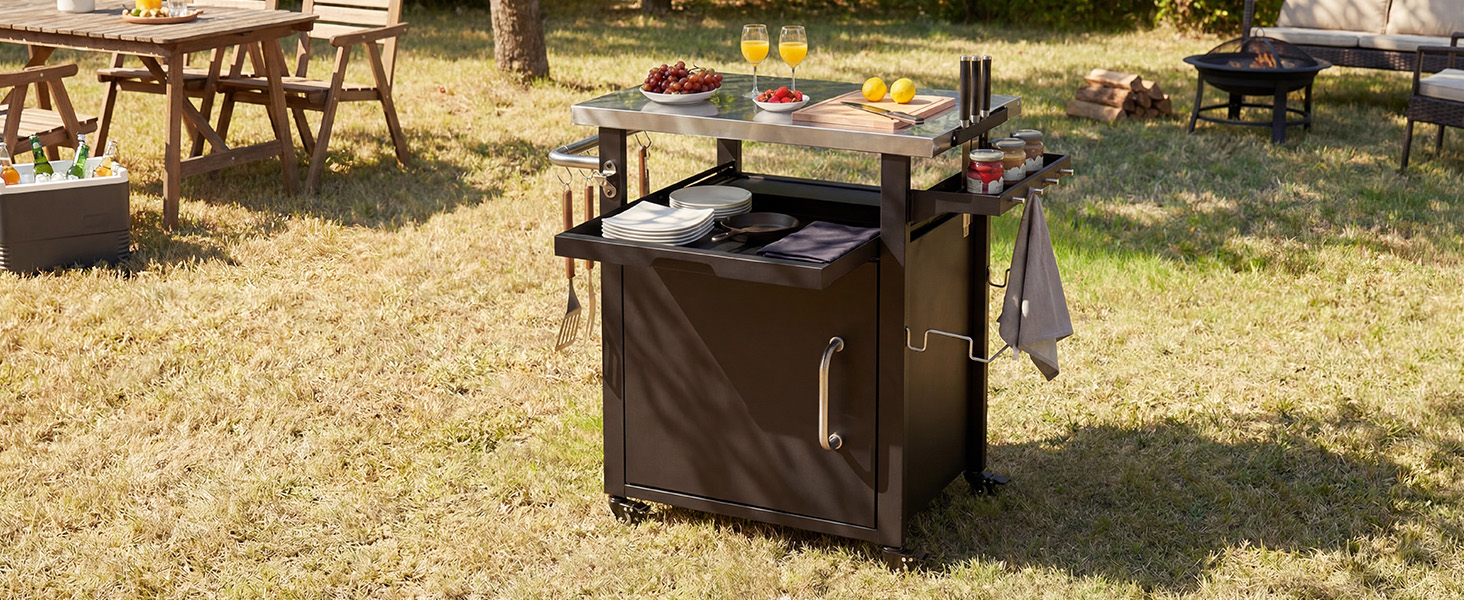 K&K 39.5" Outdoor Grill Cart with Storage Cabinet, Outdoor Bar Cart Pizza Oven Table with Wheels, Stainless Steel Top, Outdoor Kitchen Island with Spice & Paper Rack for BBQ, Waterproof Cover Included - Image 2