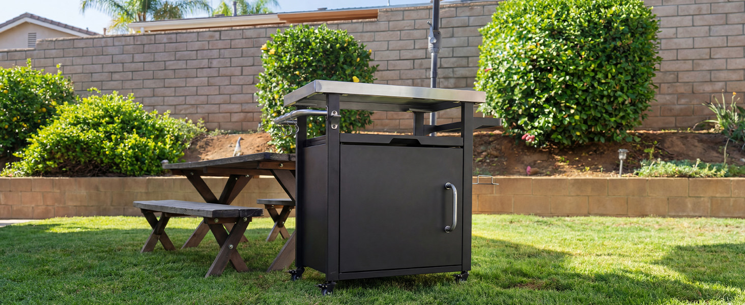 K&K 39.5" Outdoor Grill Cart with Storage Cabinet, Outdoor Bar Cart Pizza Oven Table with Wheels, Stainless Steel Top, Outdoor Kitchen Island with Spice & Paper Rack for BBQ, Waterproof Cover Included - Image 3