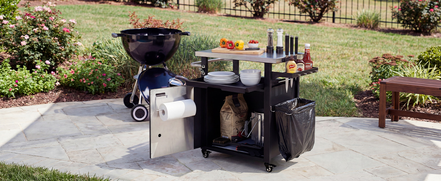 K&K 39.5" Outdoor Grill Cart with Storage Cabinet, Outdoor Bar Cart Pizza Oven Table with Wheels, Stainless Steel Top, Outdoor Kitchen Island with Spice & Paper Rack for BBQ, Waterproof Cover Included - Image 4