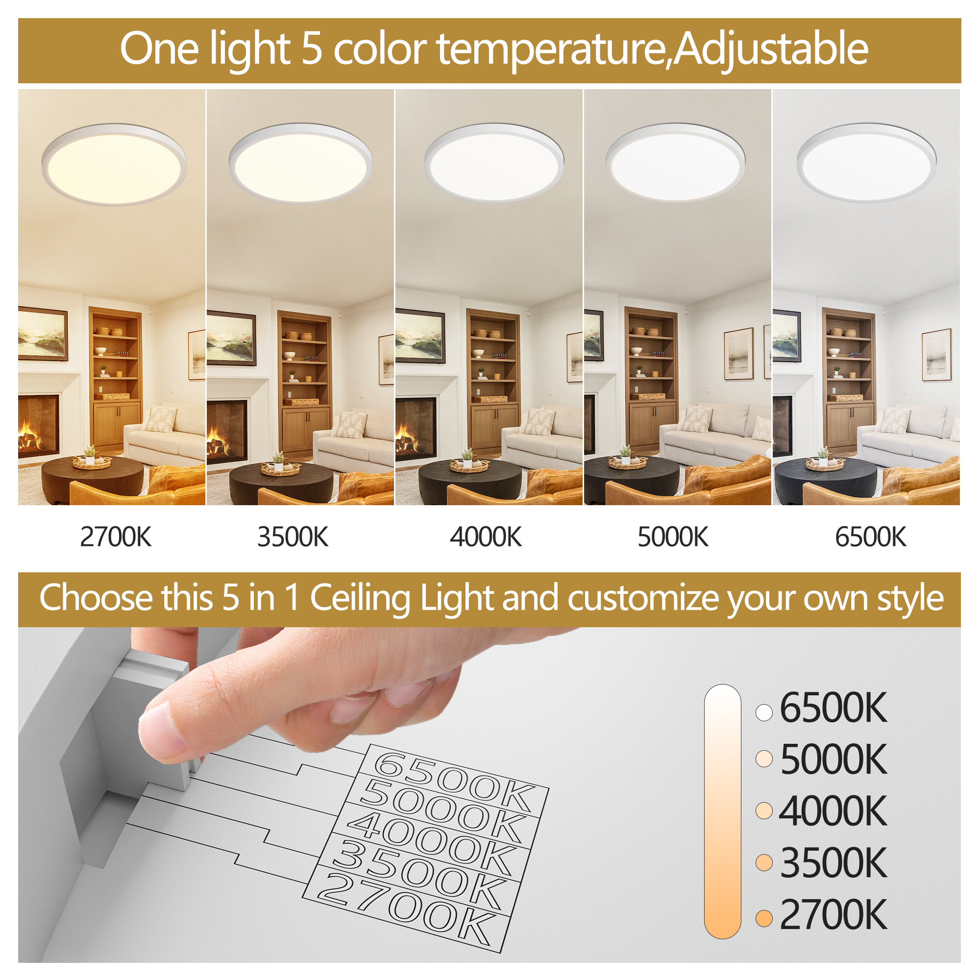 6PK 12 in. LED Flush Mount Ceiling Light Fixture - 2880 Lumens, 5 CCT 2700K/3500K/40000K/5000K/6500K, Round Color Selectable Panel Light, Dimmable, Suitable for Bathroom or Shower - Image 5