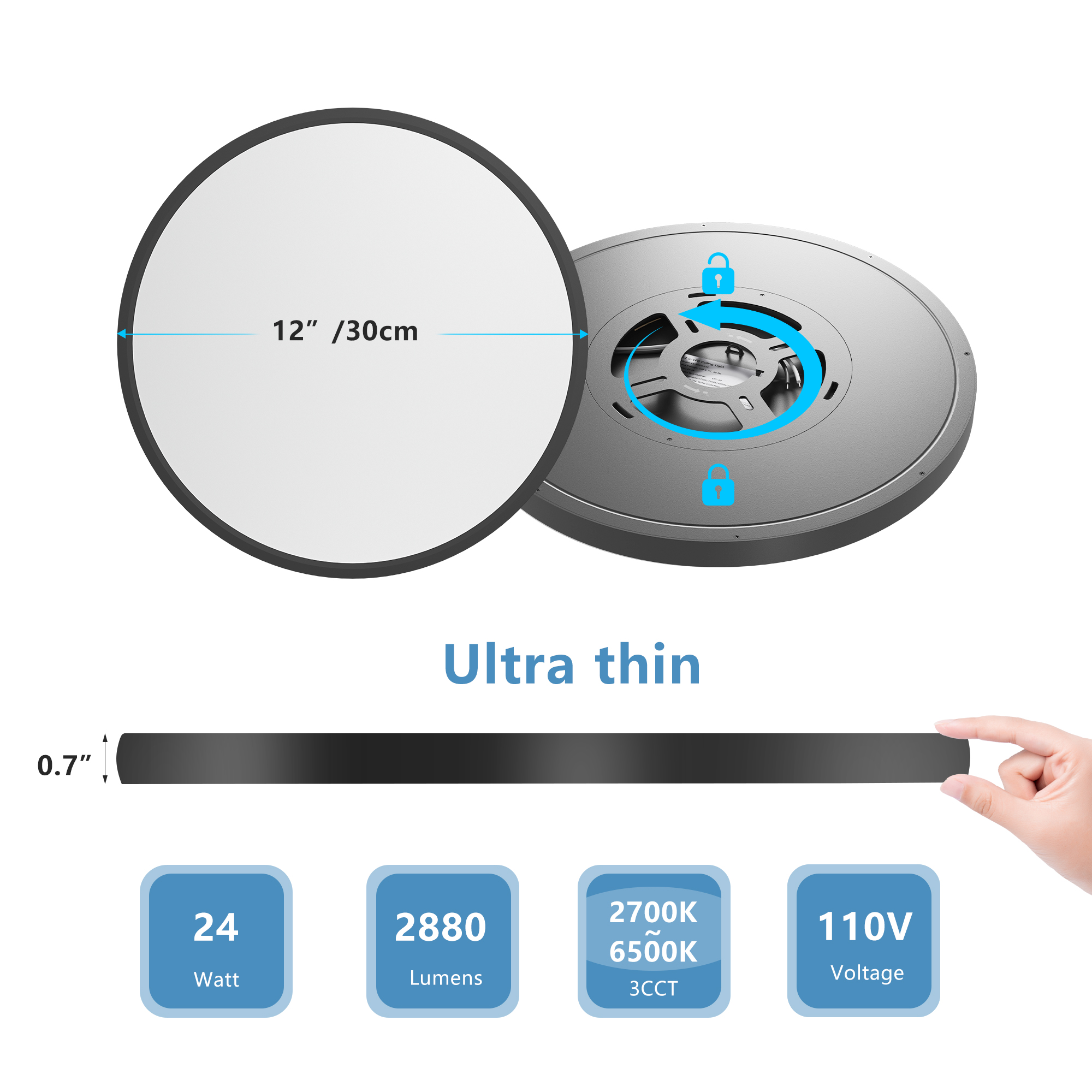 6PK 12 Inch Dimmable LED Flush Mount Ceiling Light, 2700K-6500K Adjustable,24W 2880LM Modern Ultra Thin Flat Round Fixtures for Low Ceiling Bedroom Kitchen Hallway Basement Closet, Black - Image 3