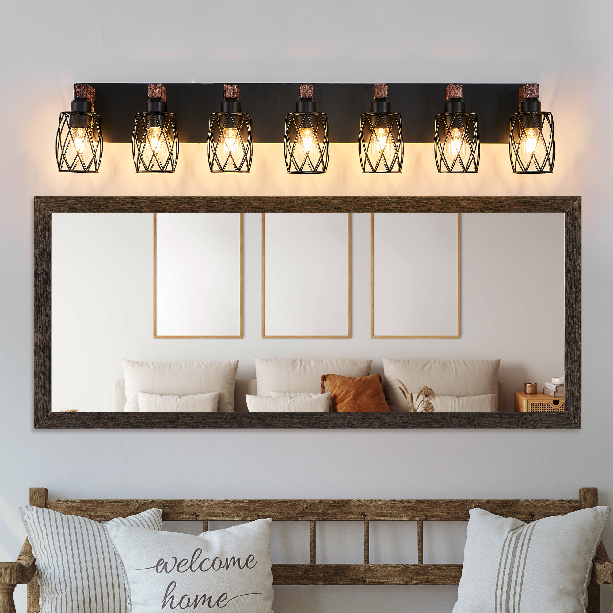 Industrial Vintage 7-Light Wall Sconce - Black Cage Wall Lighting Fixture with Wooden Accents for Bathroom, Hallway, or Living Room (Bulb Not Included) - Image 2