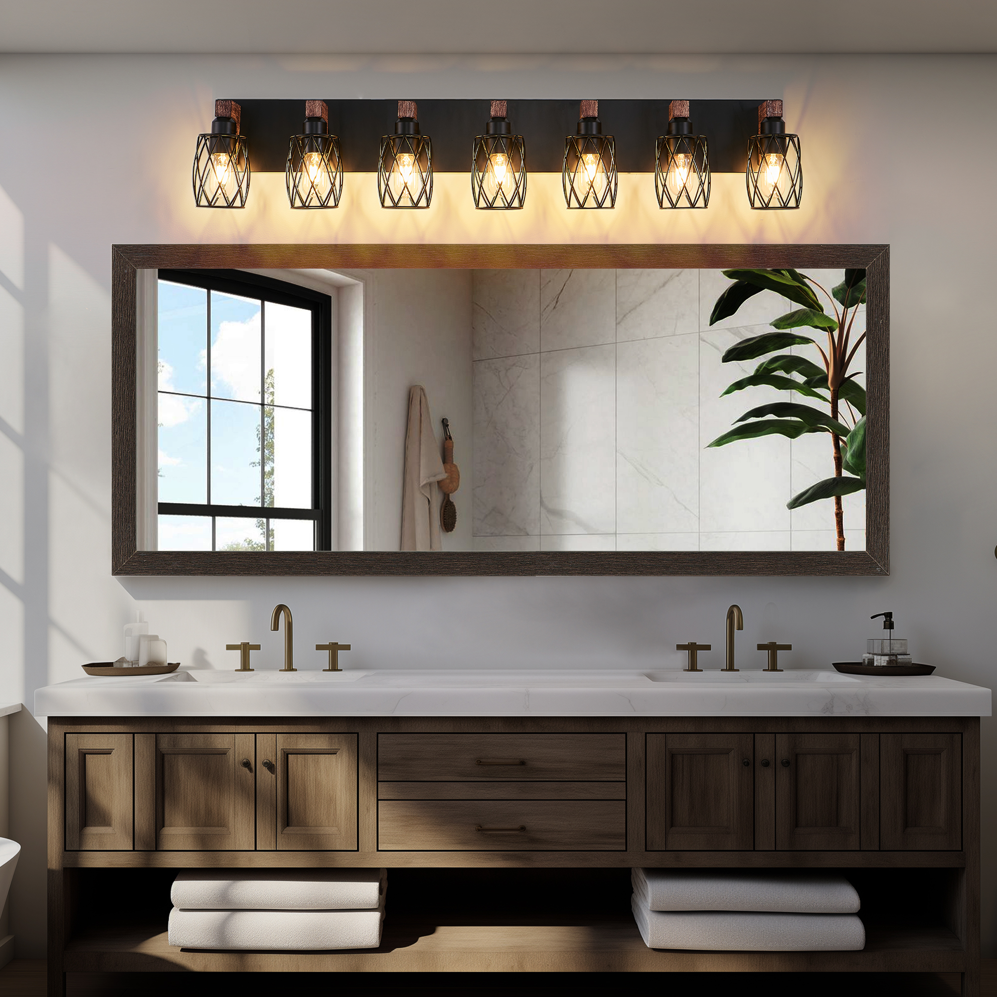 Industrial Vintage 7-Light Wall Sconce - Black Cage Wall Lighting Fixture with Wooden Accents for Bathroom, Hallway, or Living Room (Bulb Not Included) - Image 3